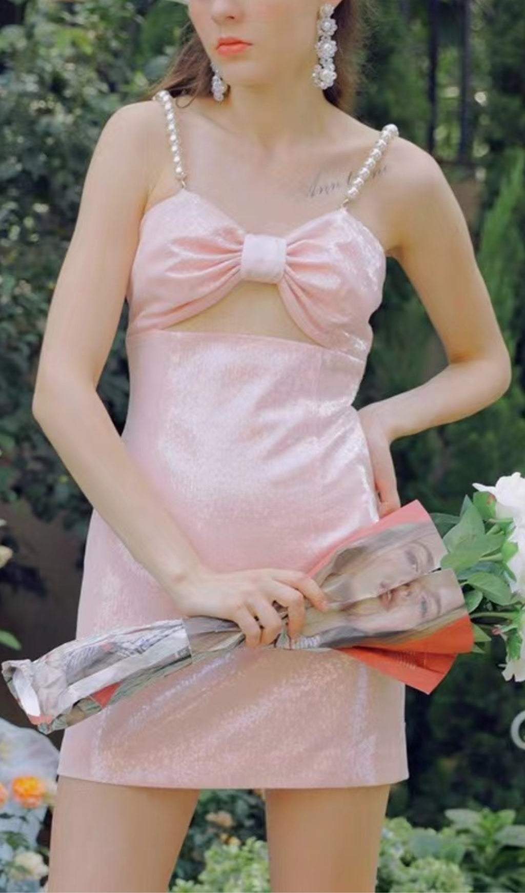 PEARL STRAPPY SATIN MINI DRESS PINK