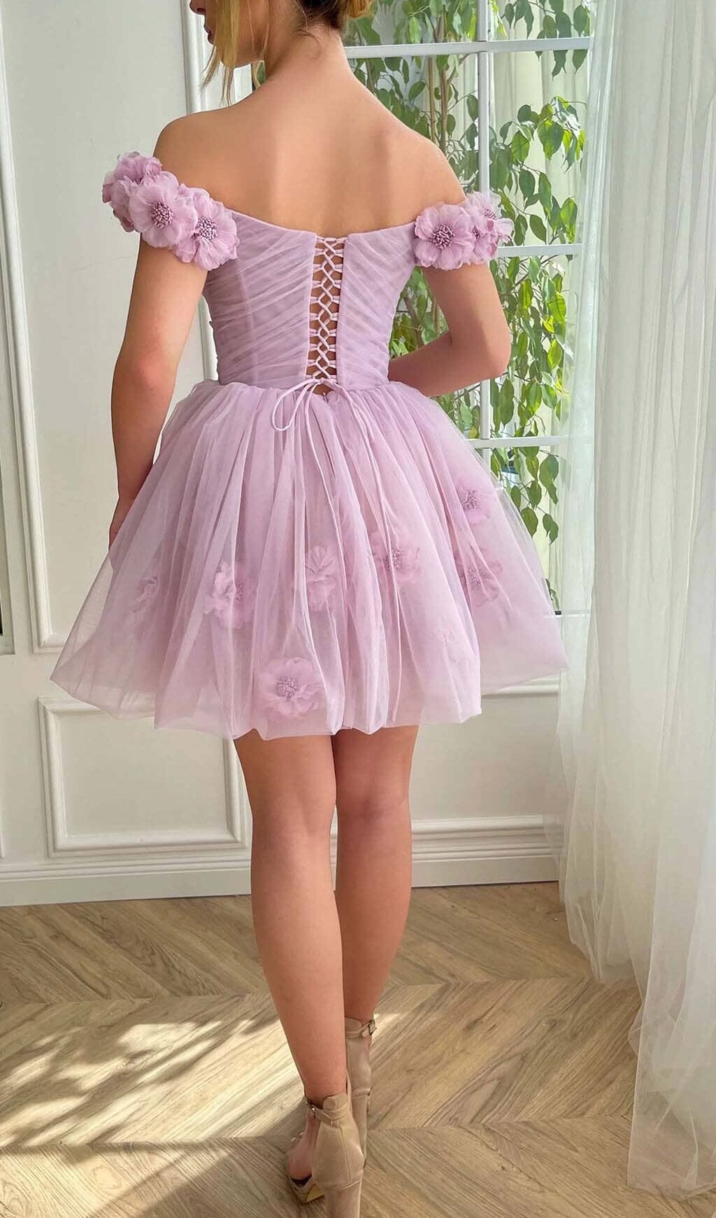 LACE FLORAL MINI DRESS LILAC FOR PARTY