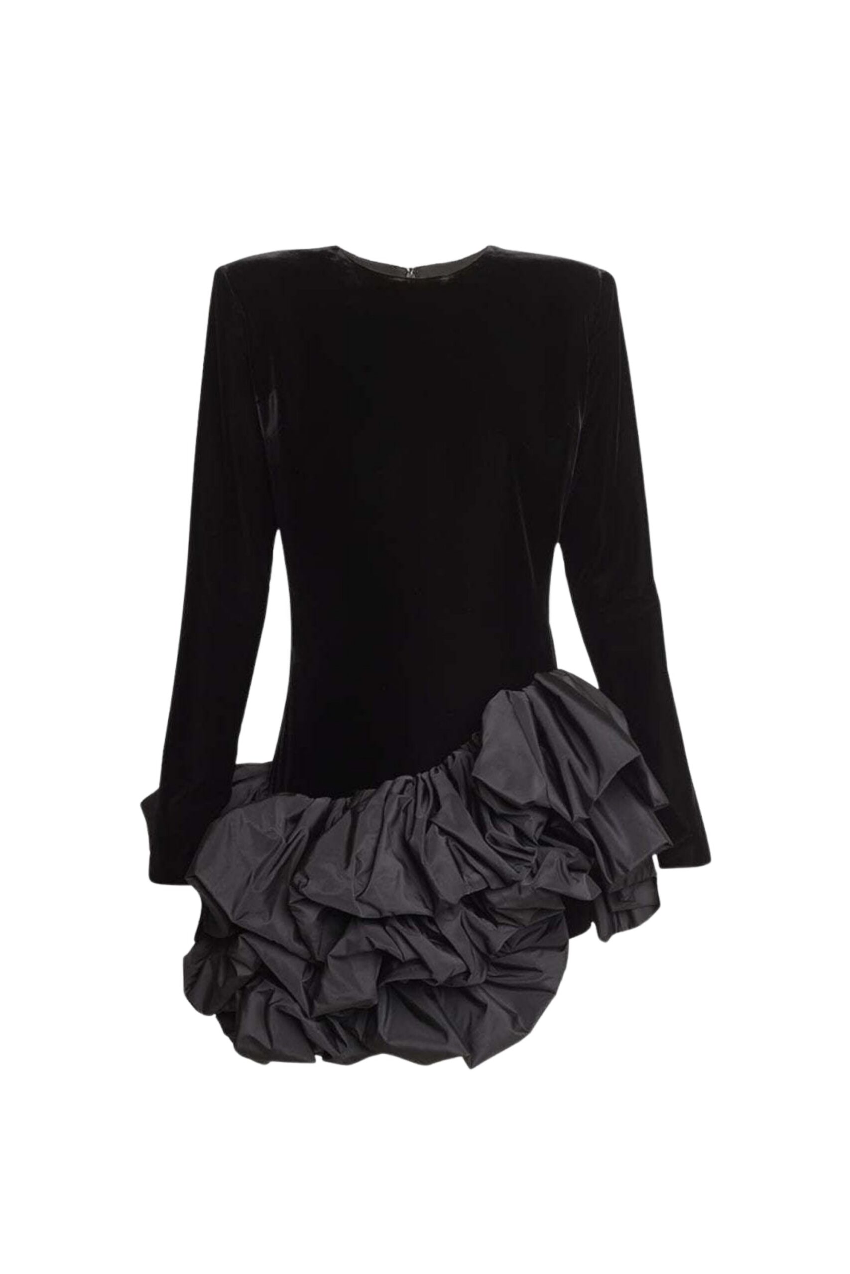 SOLID VELVET LONG SLEEVE RUFFLE MINI DRESS