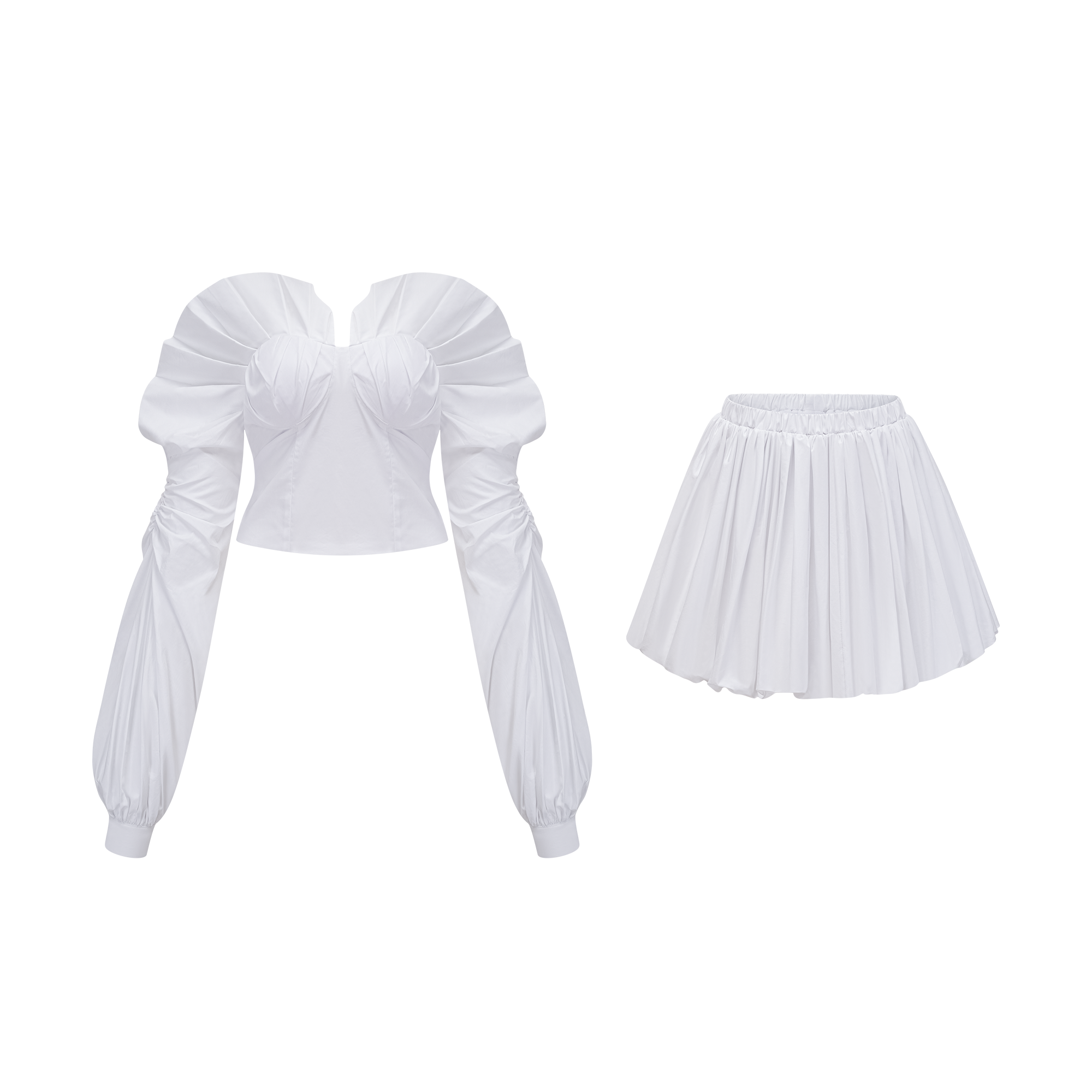 TIFFANY WHITE OFF-SHOULDER RUCHED BLOUSE & SKIRT SET