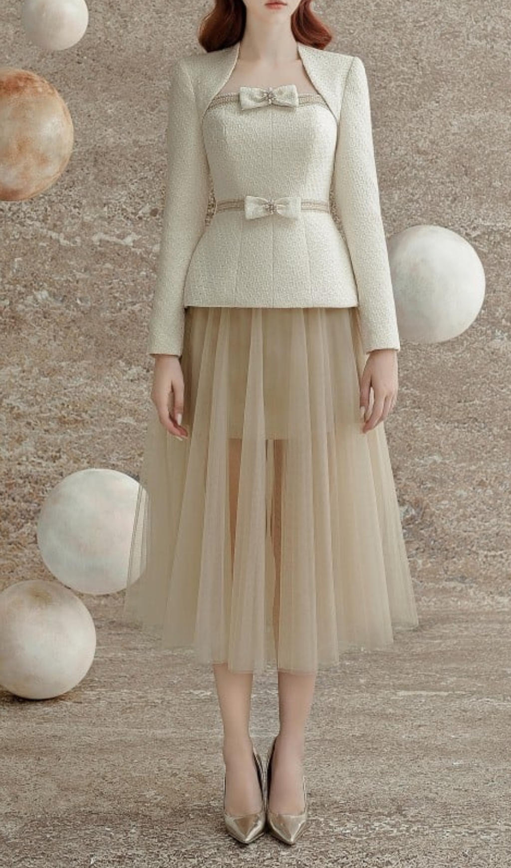 TWEED TULLE SUIT DRESS APRICOT COCKTAIL