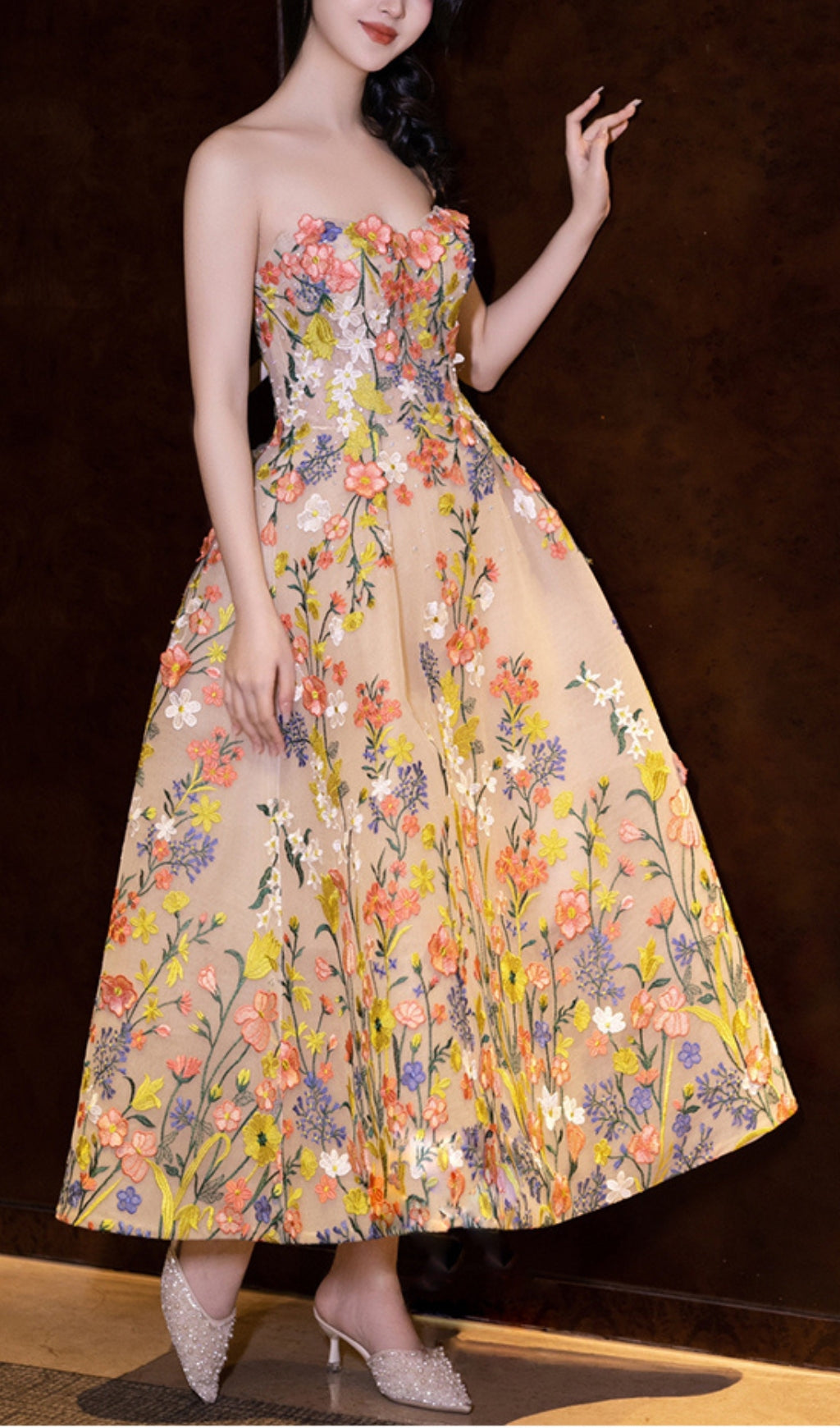 STRAPLESS FLORAL MIDI DRESS, TEA LENGTH, WEDDING GUEST