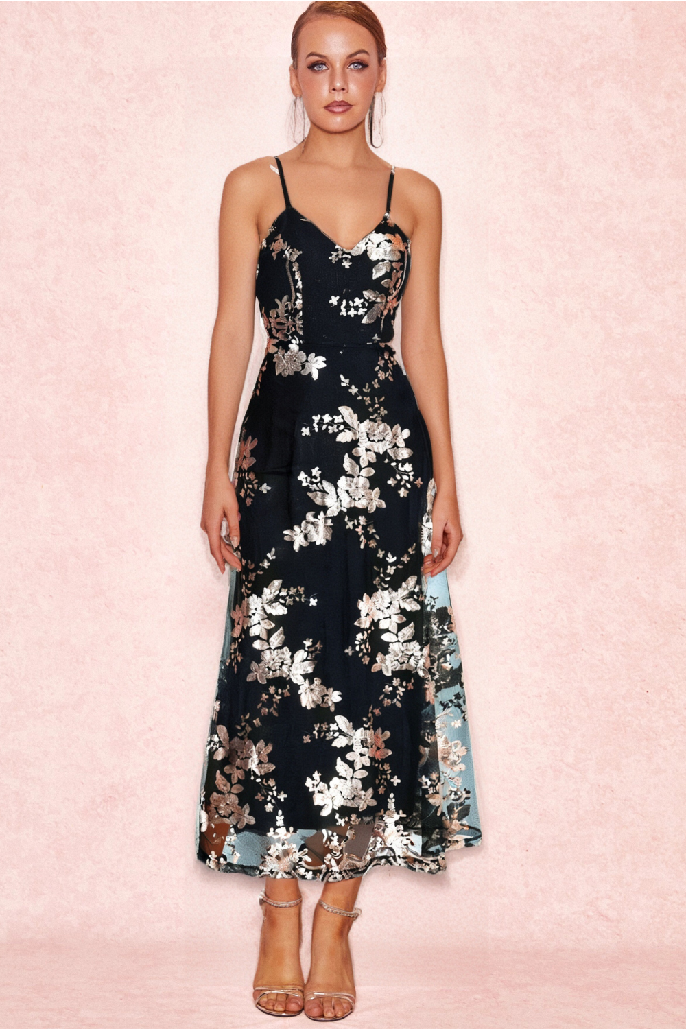 BLACK SEQUIN FLOWER MESH PARTY DRESS