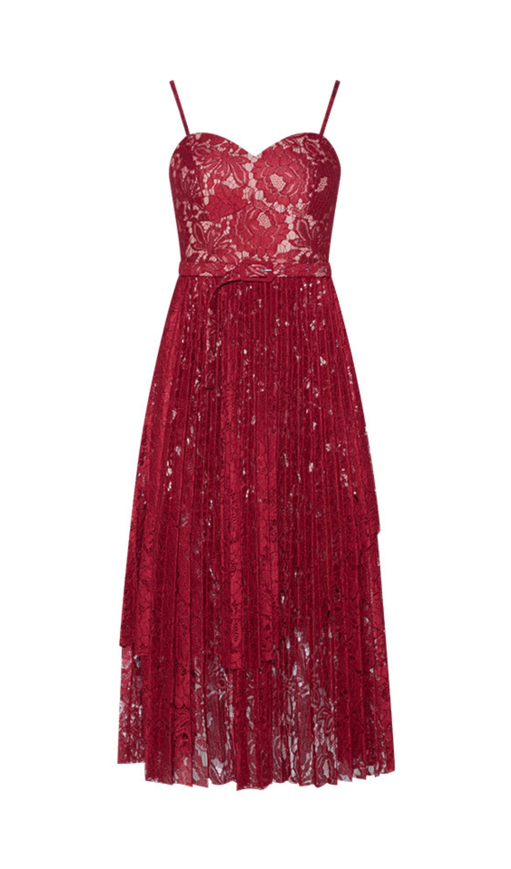 HOLLOW LACE SUSPENDER MIDI DRESS, RED, PARTY