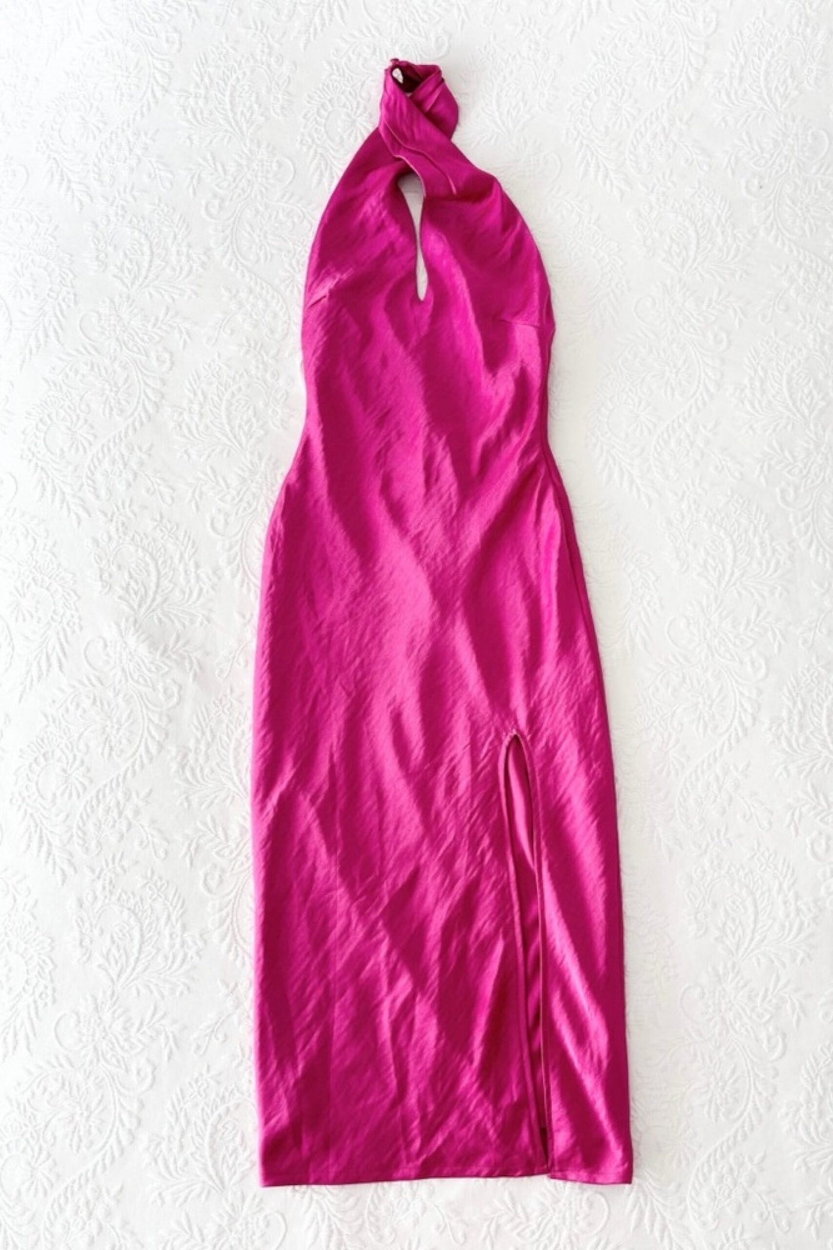 HOT PINK SATIN HALTER MIDI DRESS