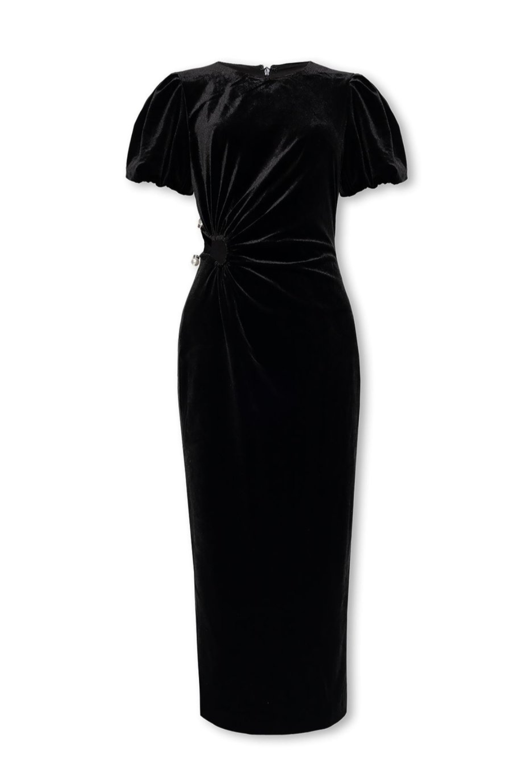 VELVET CUT-OUT PLEATED MIDI DRESS, BLACK