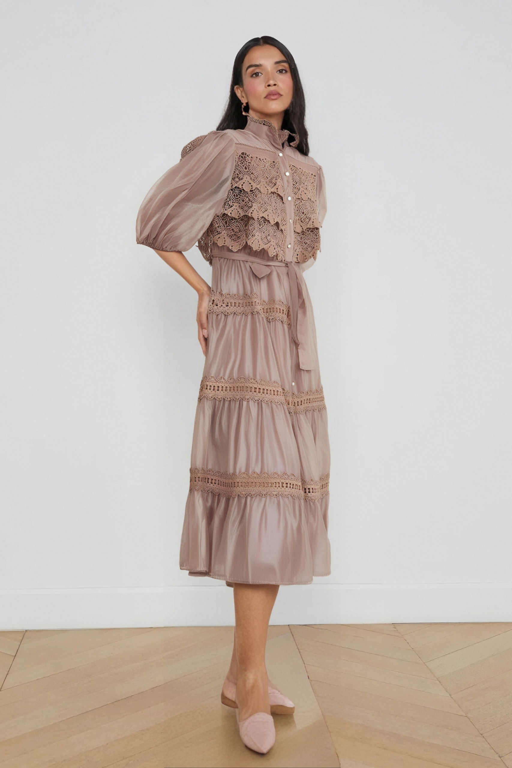 INÈS LACE CUT-OUT TIERED MIDI DRESS