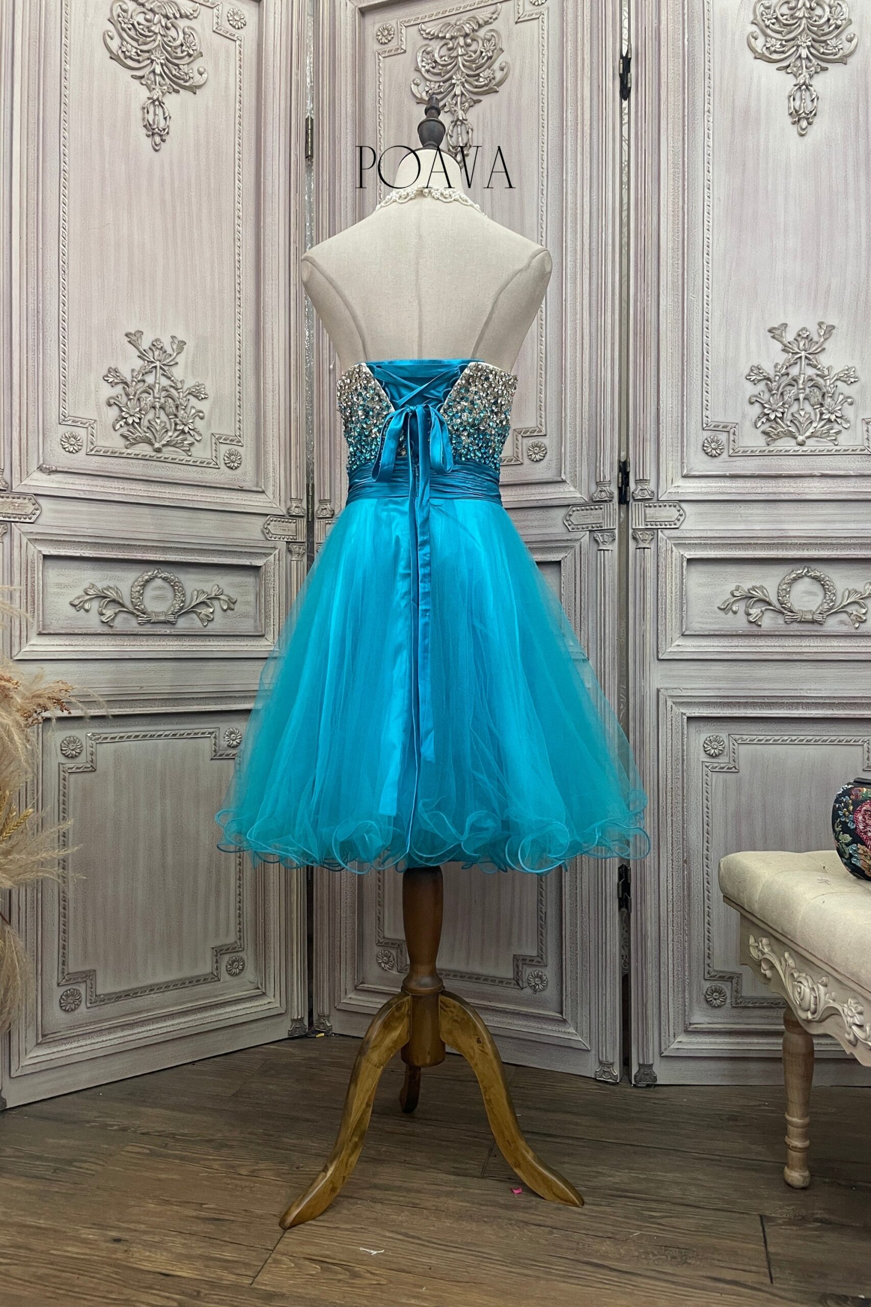 EMBELLISHED STRAPLESS BLUE MIDI DRESS FOR EVENTS