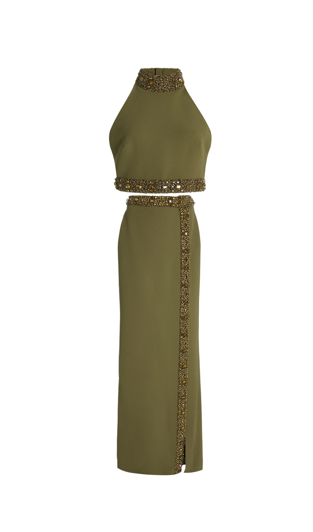 BEADED HALTER TOP & SLIT SKIRT SUIT GREEN