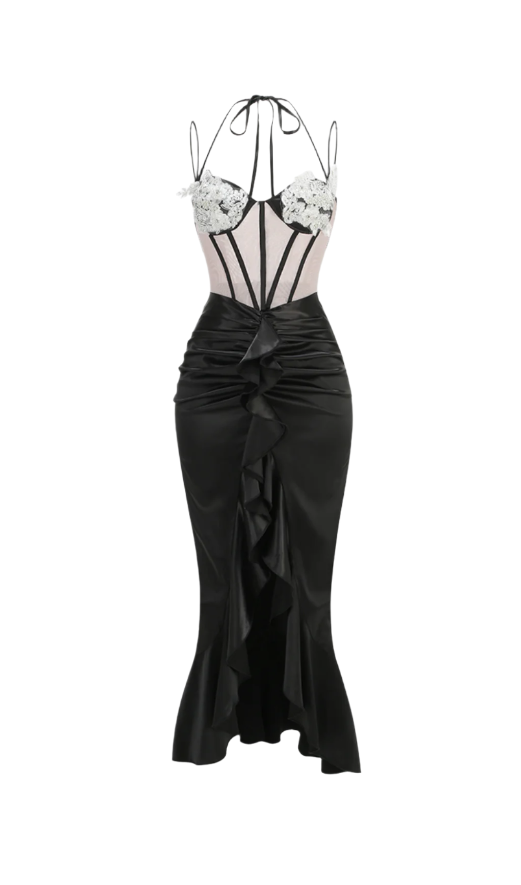 BEULAH BLACK SATIN CORSET SEQUIN WING DRESS
