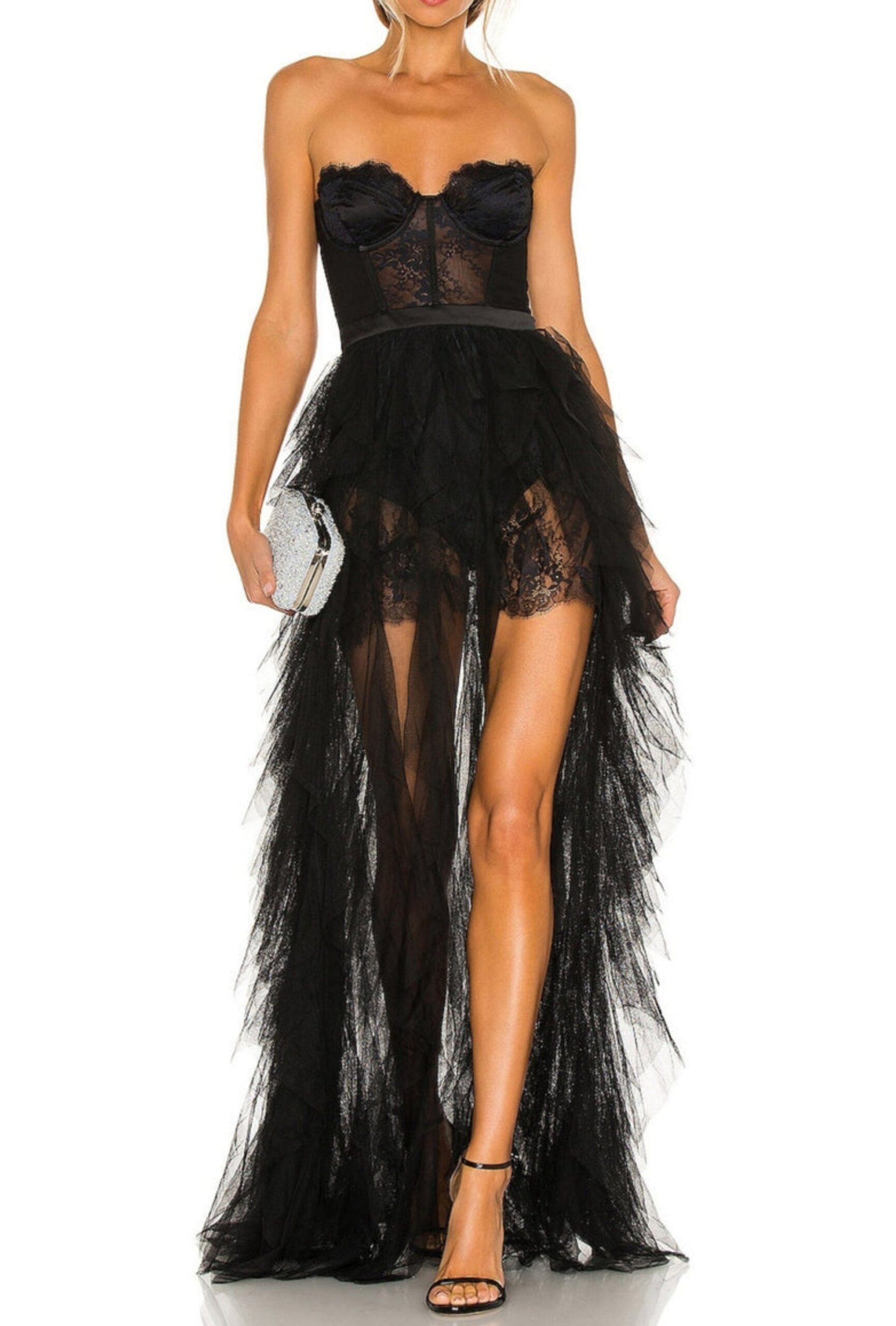 BLACK STRAPLESS LACE MESH MAXI DRESS
