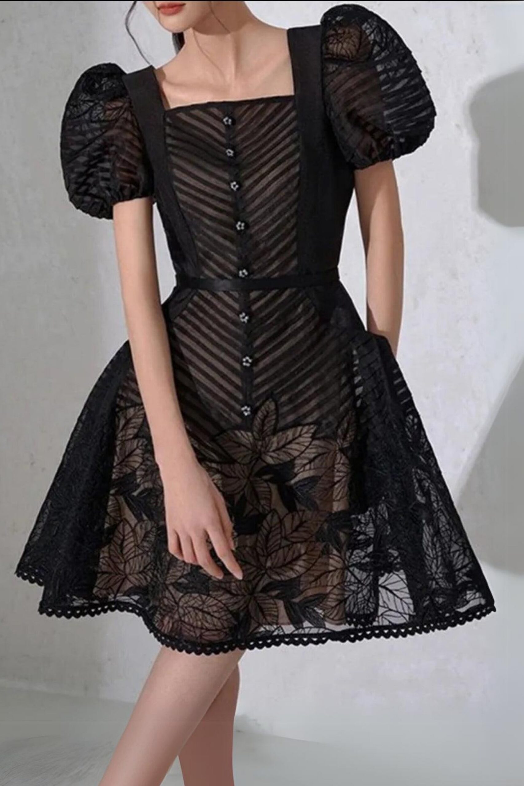 BLACK PUFF SLEEVE MESH A-LINE MINI DRESS