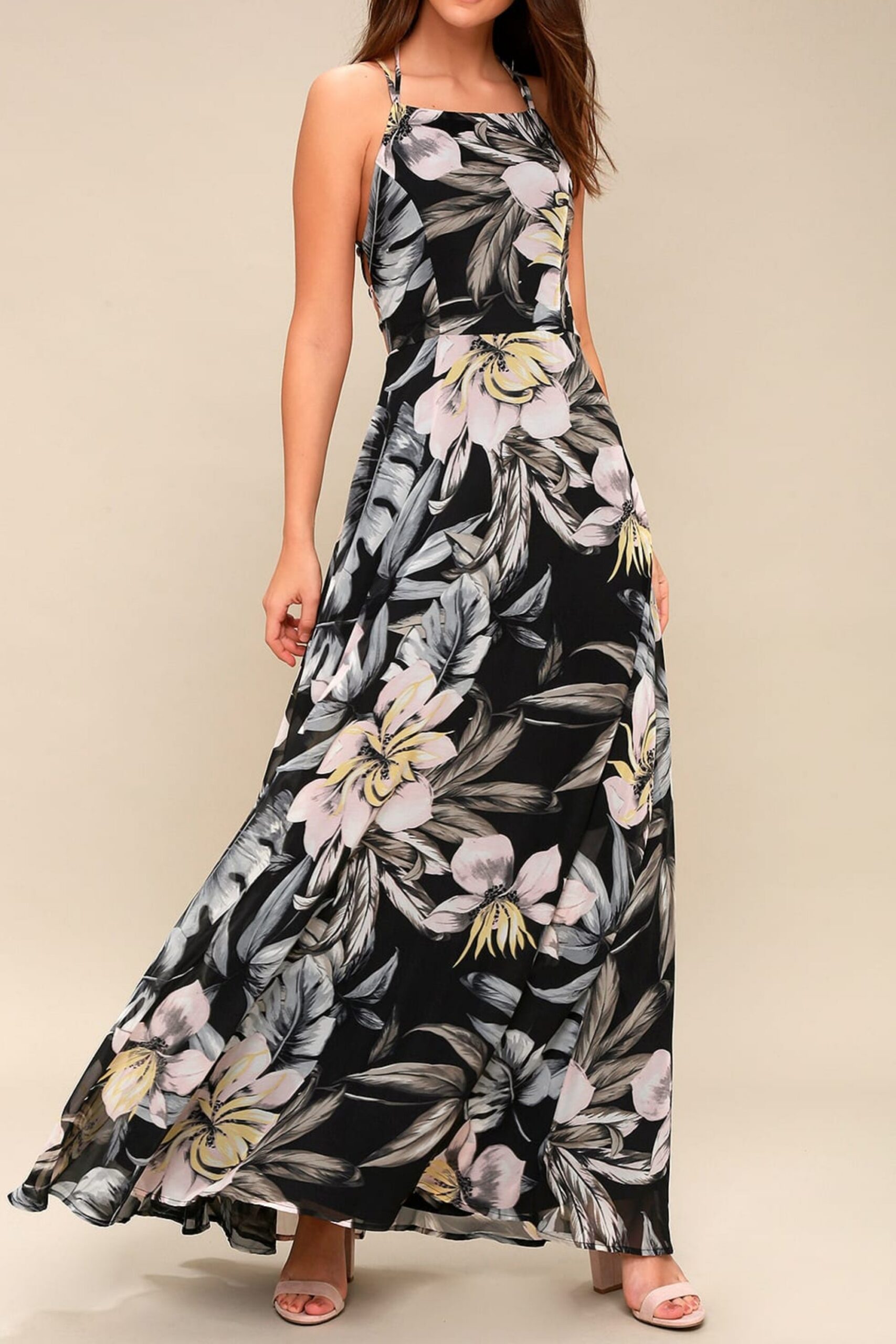 BLACK FLORAL LACE-UP MAXI DRESS FOR WEDDING