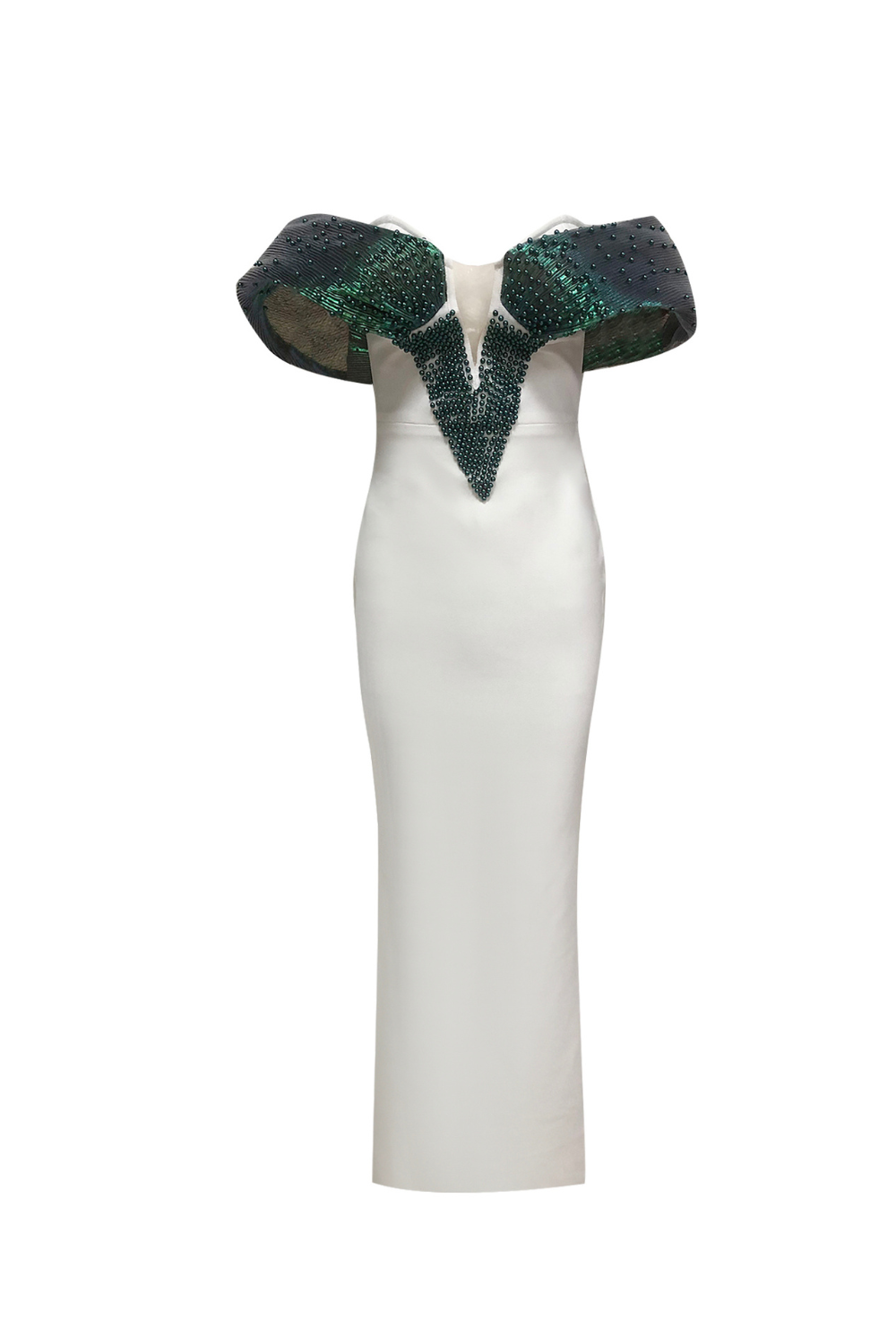 OFF-SHOULDER PEARL BODYCON MAXI DRESS GREEN