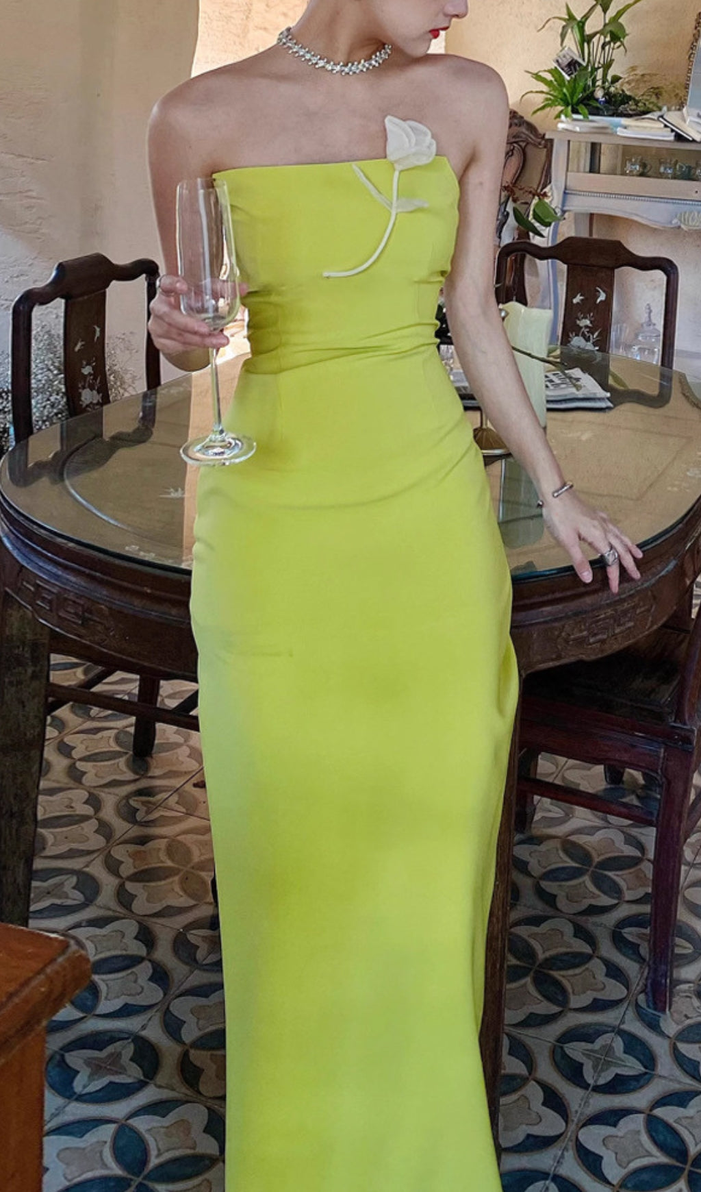 LEMON YELLOW FLORAL SLIT MAXI DRESS FOR WEDDING