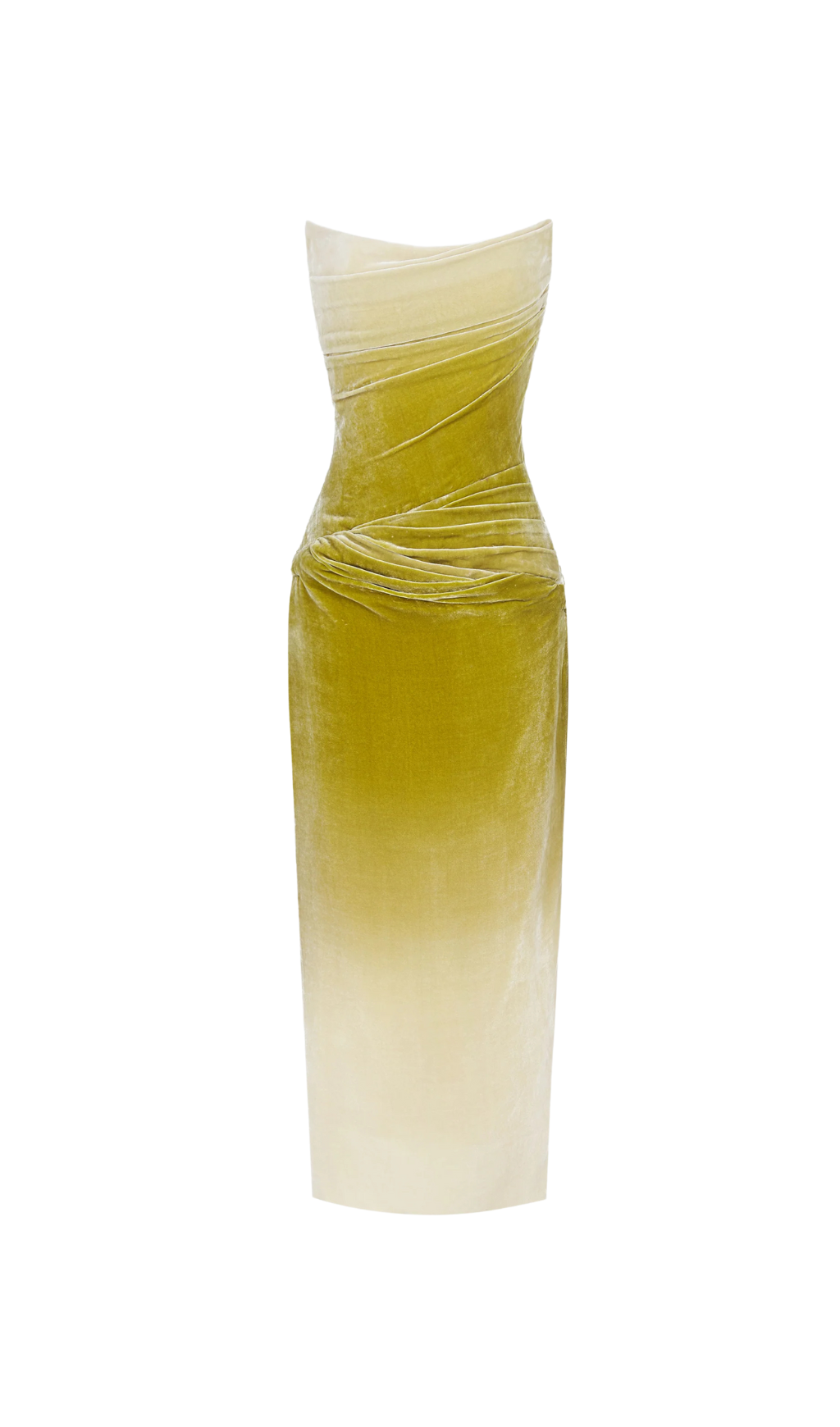 RUCHED VELVET STRAPLESS MIDI DRESS GREEN GRADIENT