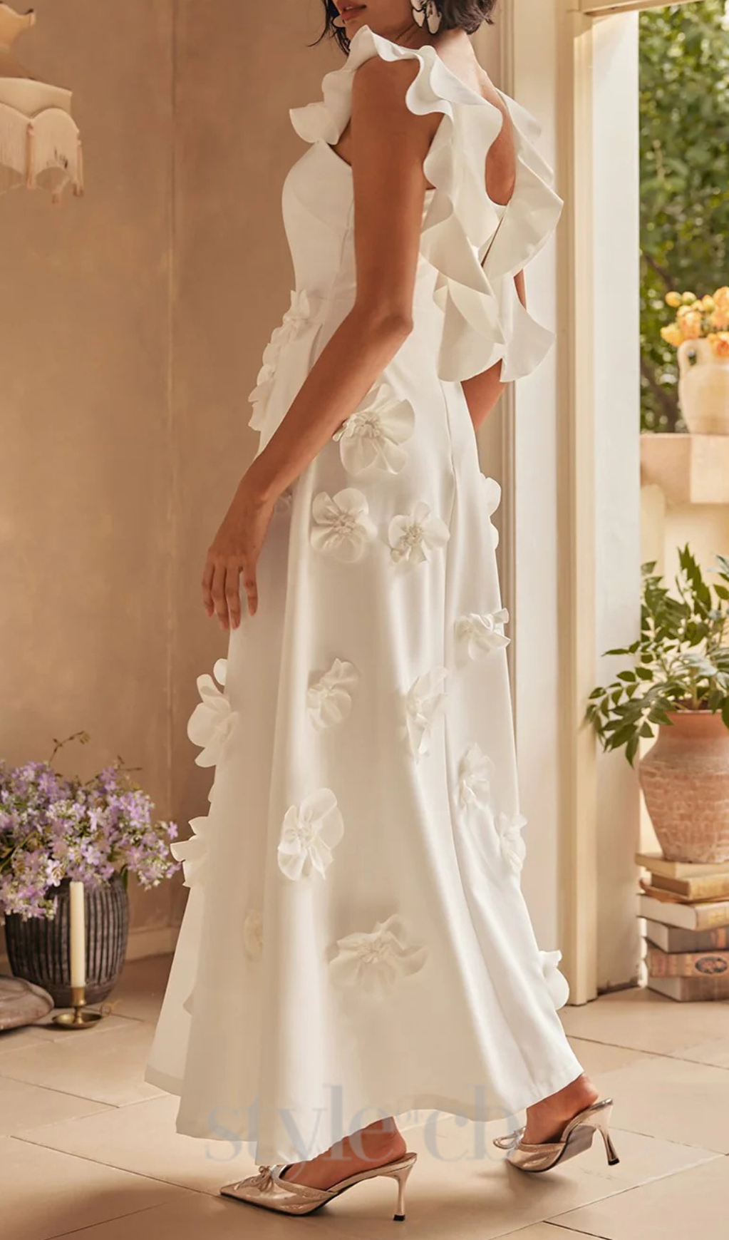 FLORAL RUFFLE STRAP MIDI DRESS, WHITE, GARDEN PARTY