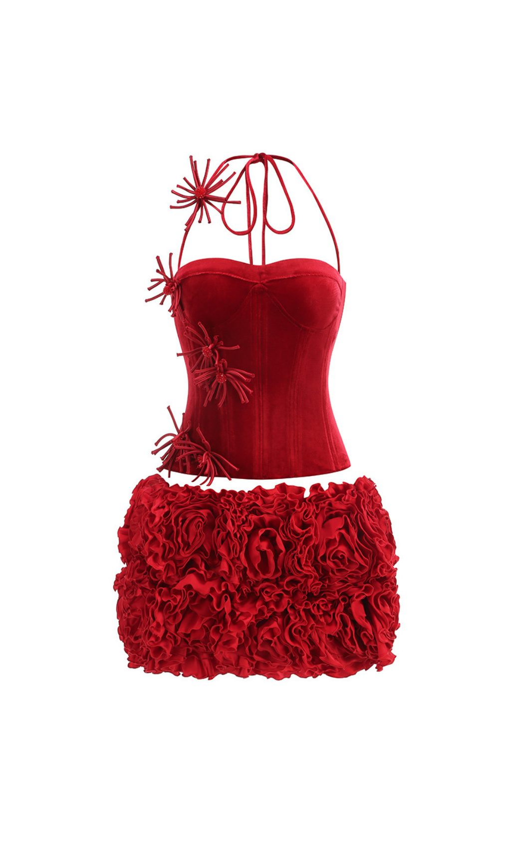 RED CORSET FLORAL MINI SKIRT SUIT FOR PARTY
