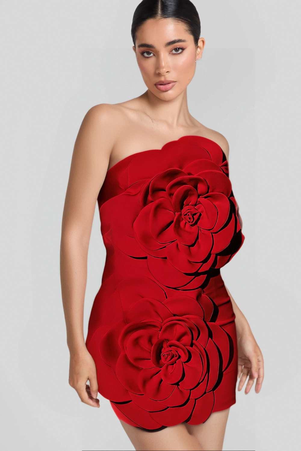 STRAPLESS RED FLOWER MINI DRESS FOR PARTY