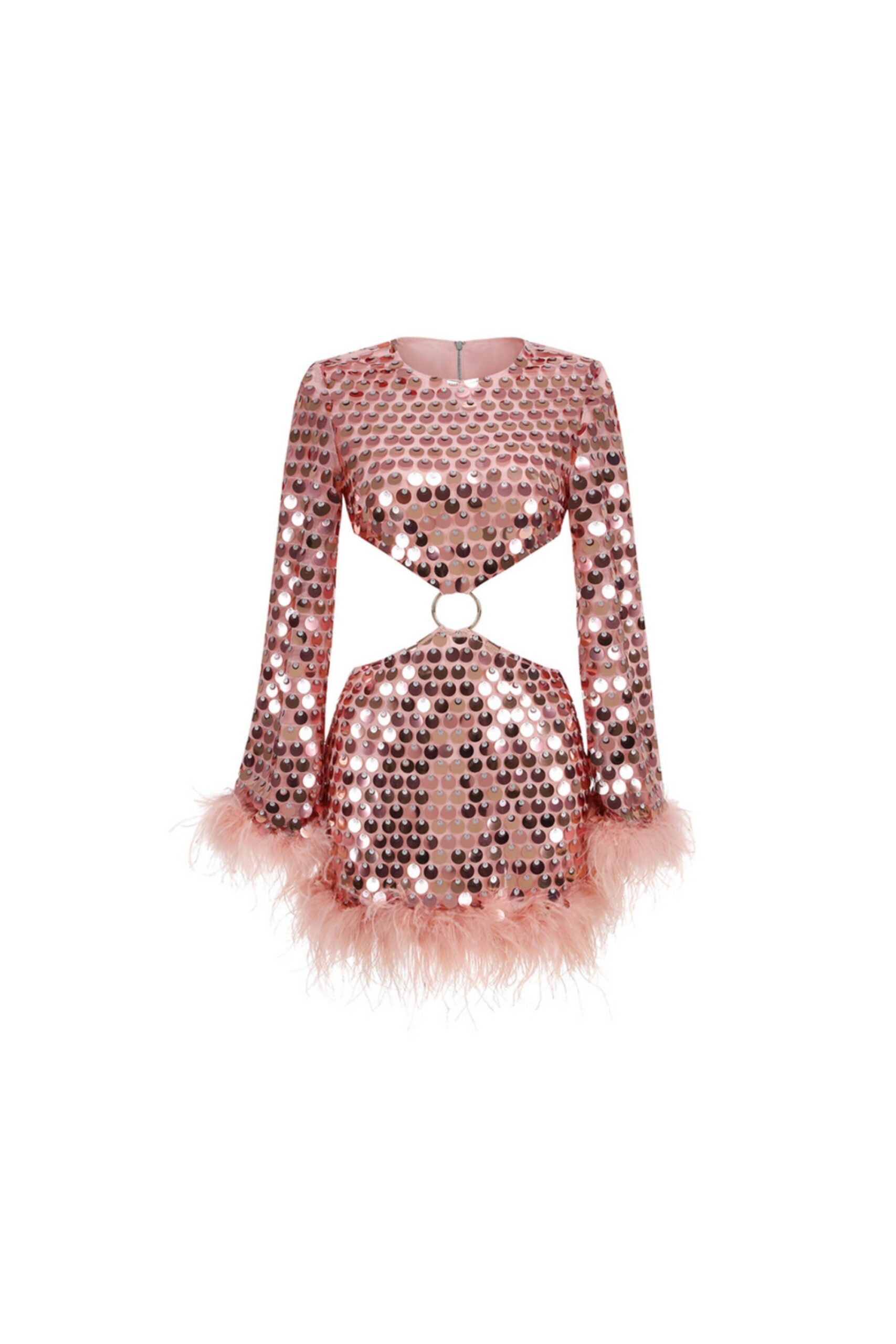SEQUIN FEATHER TRIM MINI DRESS FOR PARTY NIGHT