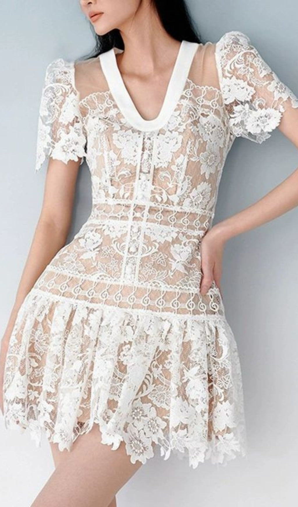V-NECK LACE MINI DRESS WHITE WEDDING SHOWER