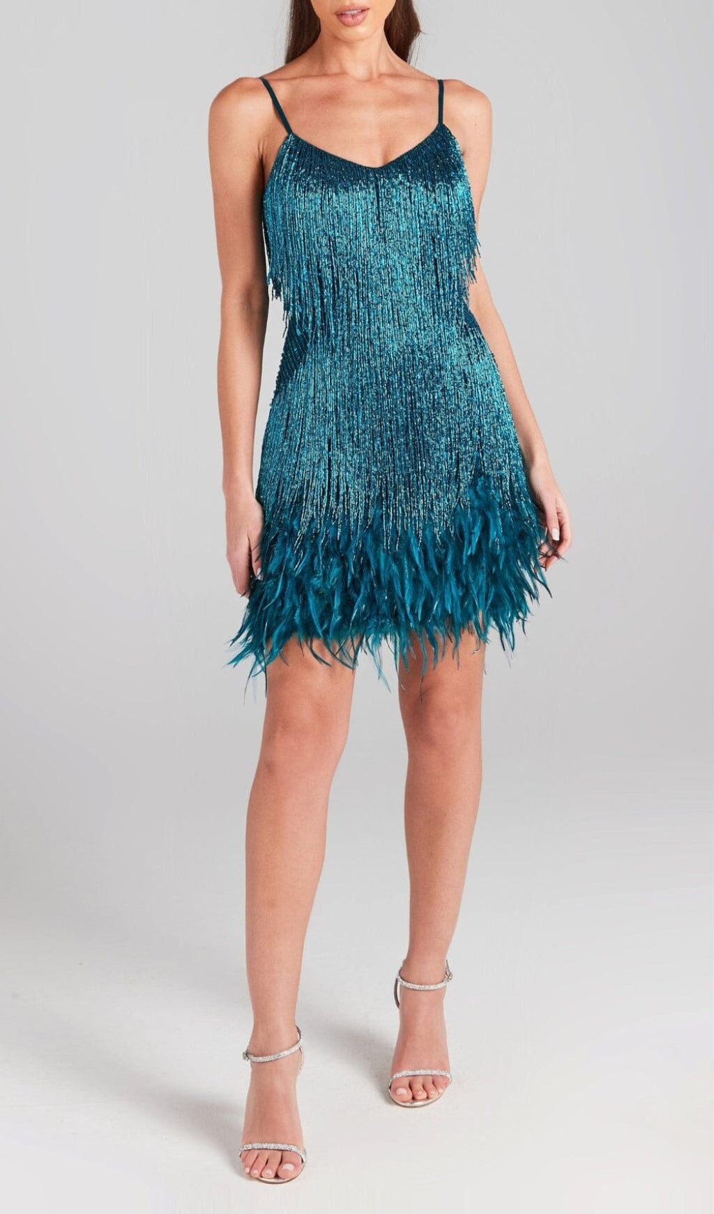 EMERALD FEATHER TASSEL MINI DRESS FOR PARTIES
