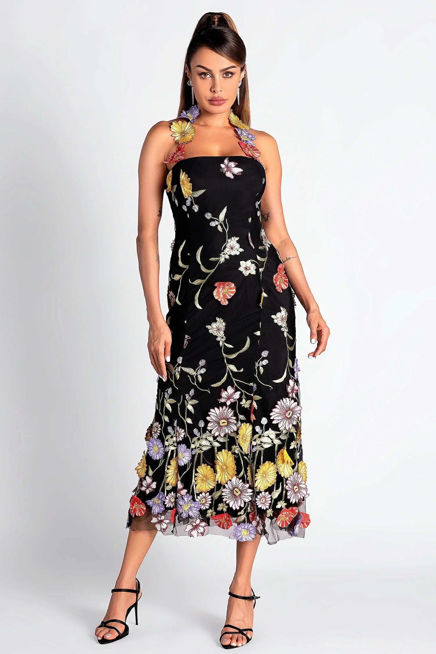 1_cb0ffd36-29c8-47ac-87c7-6f042a44cf2d HALTER FLORAL EMBROIDER MIDI DRESS, BLACK, WEDDING GUEST