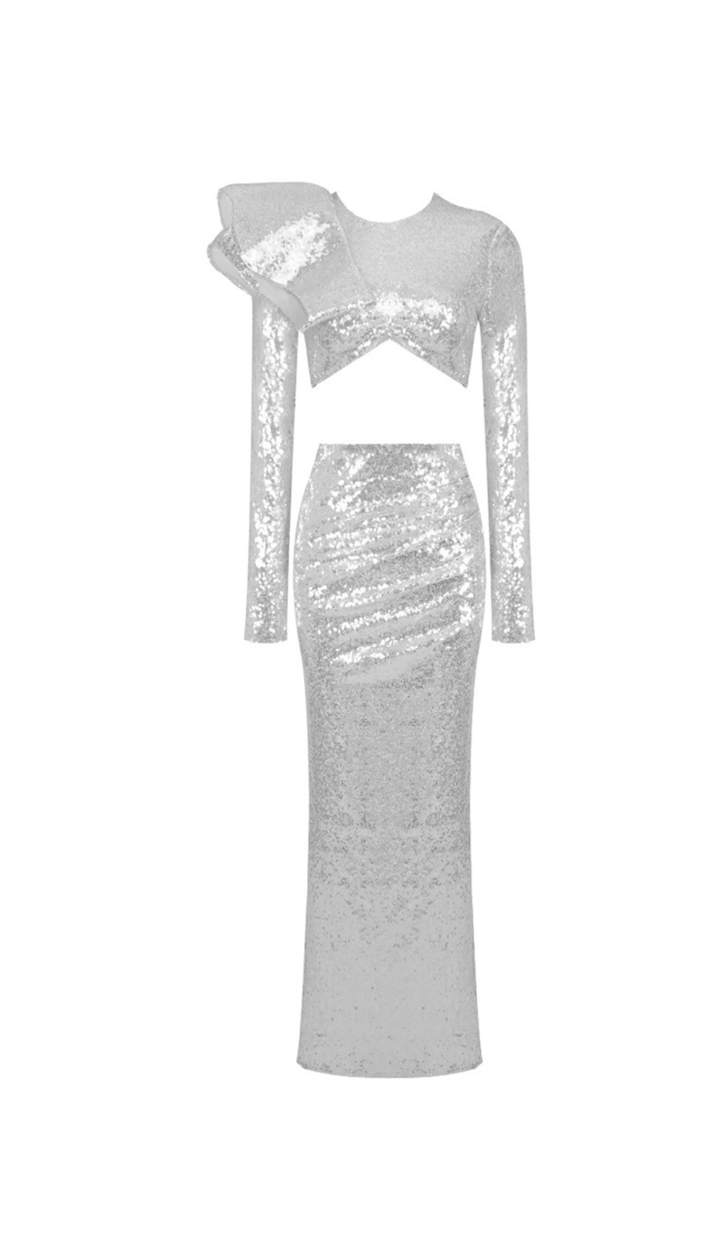 SILVER CROP TOP DRAPE SKIRT SET – PARTY OUTFIT