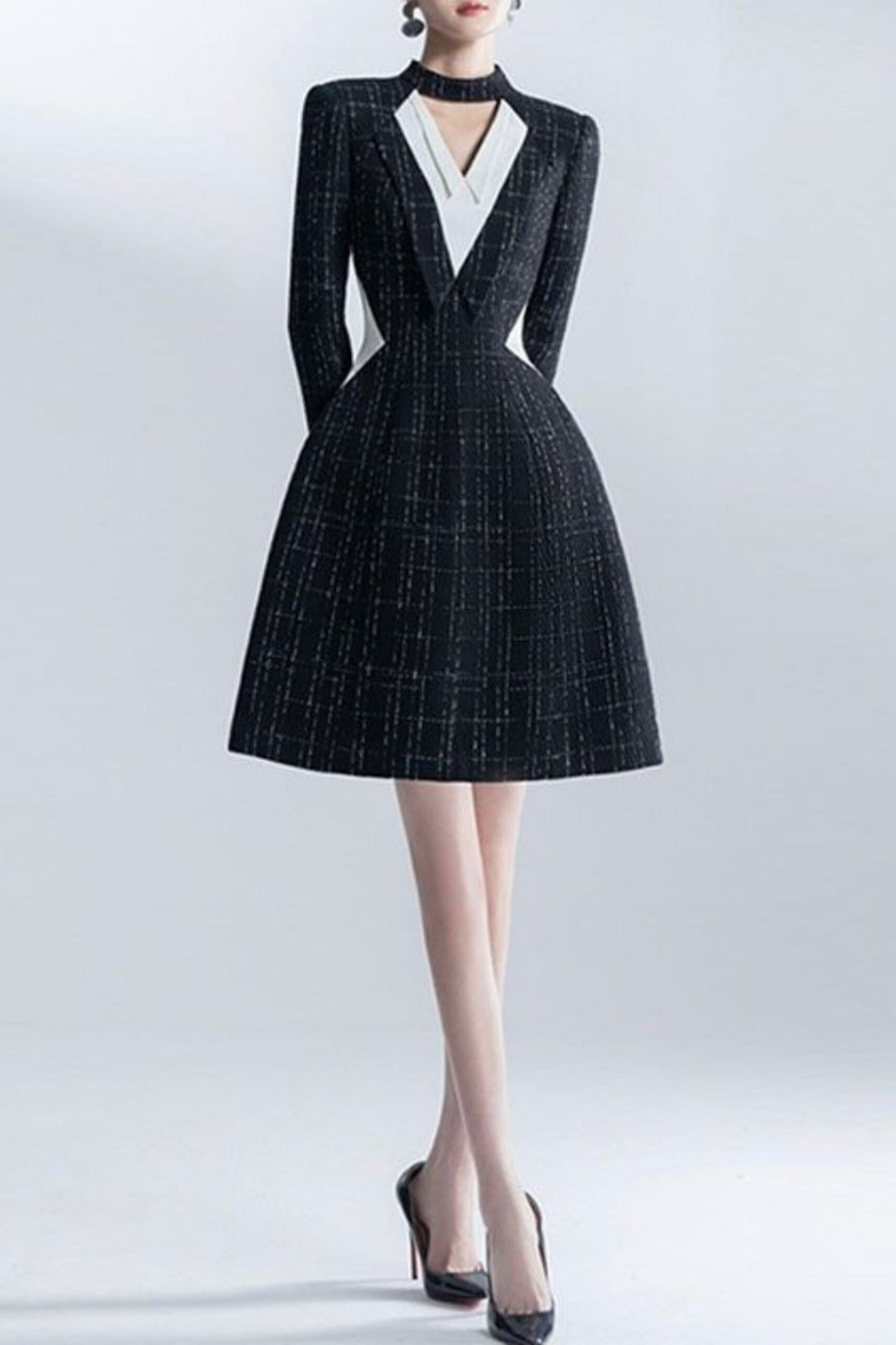 HALTER V-NECK A-LINE JACKET DRESS BLACK