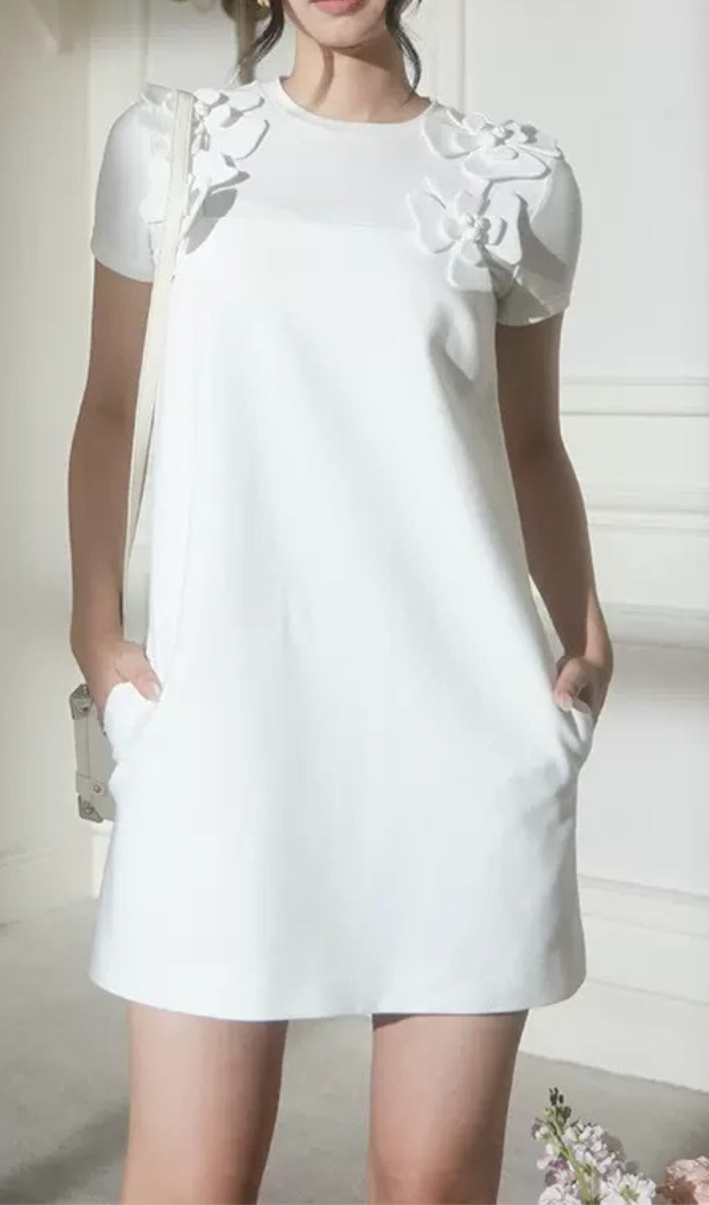 3D FLORAL WHITE HALTER MINI DRESS, WEDDING GUEST