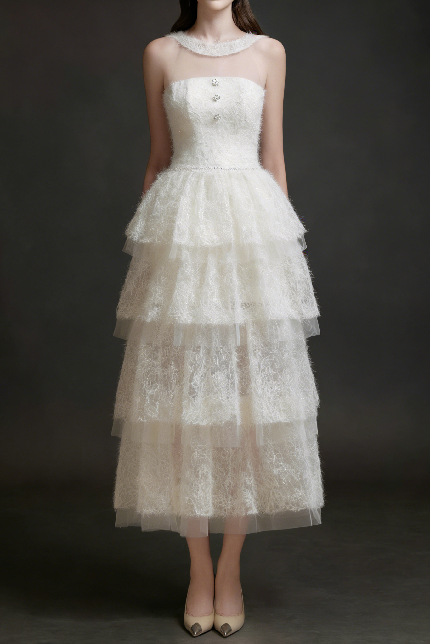 WHITE MESH LAYER DRESS WITH STITCHING DETAIL