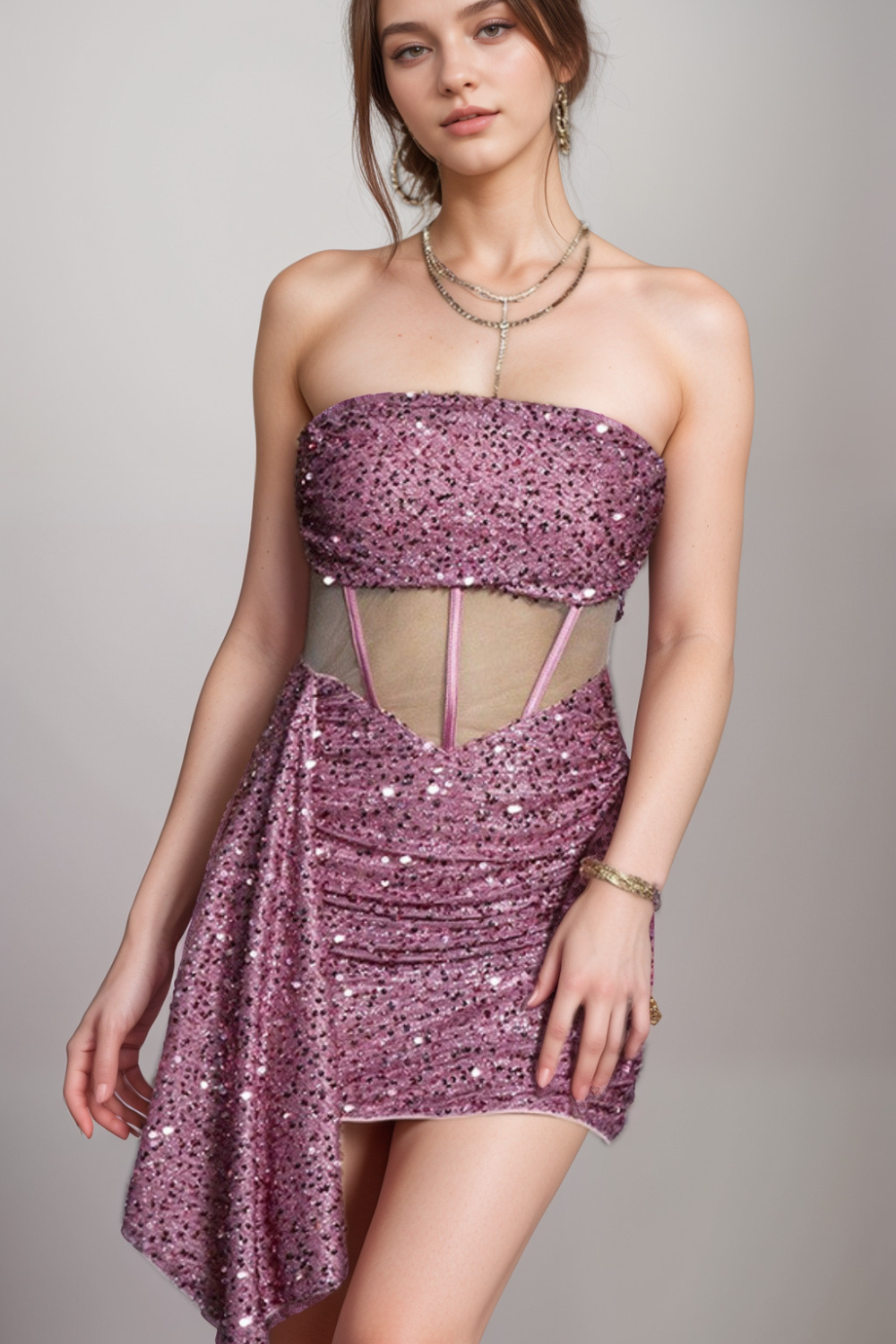 SEQUIN MESH RUCHED PARTY MINI DRESS