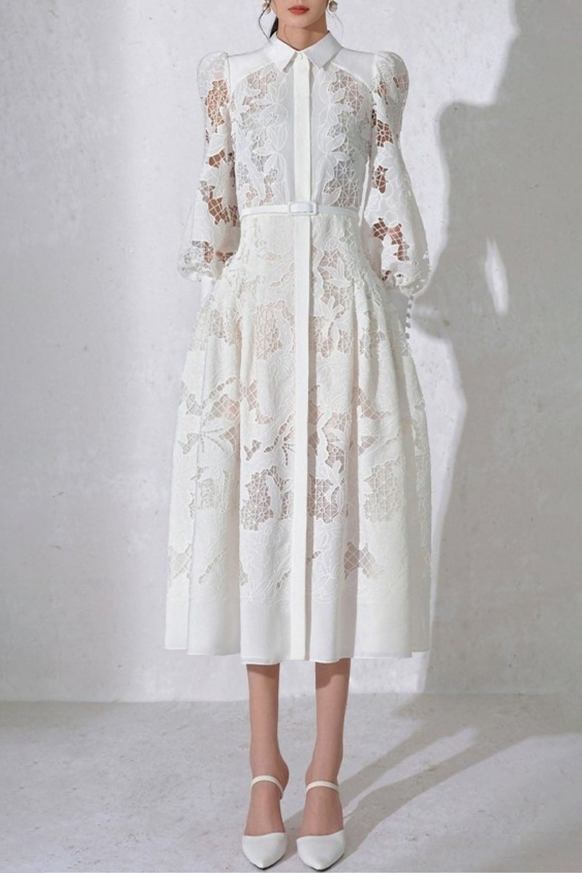 WHITE LACE MIDI DRESS FOR WEDDING GUEST