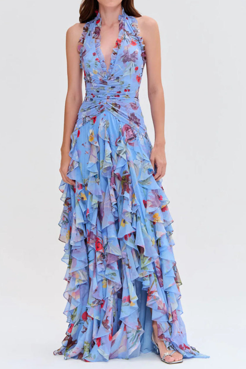 FLORAL HALTER RUFFLE TULLE MAXI DRESS BLUE