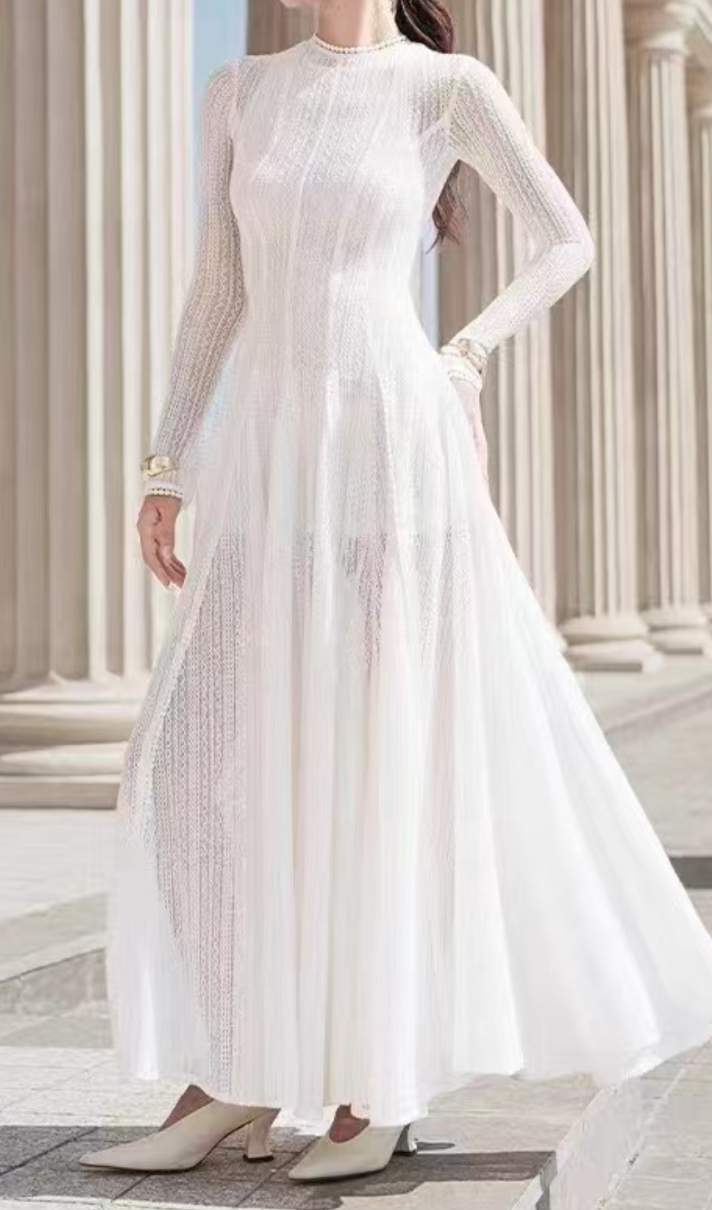 WHITE CROCHET LACE MAXI DRESS WITH SLEEVES