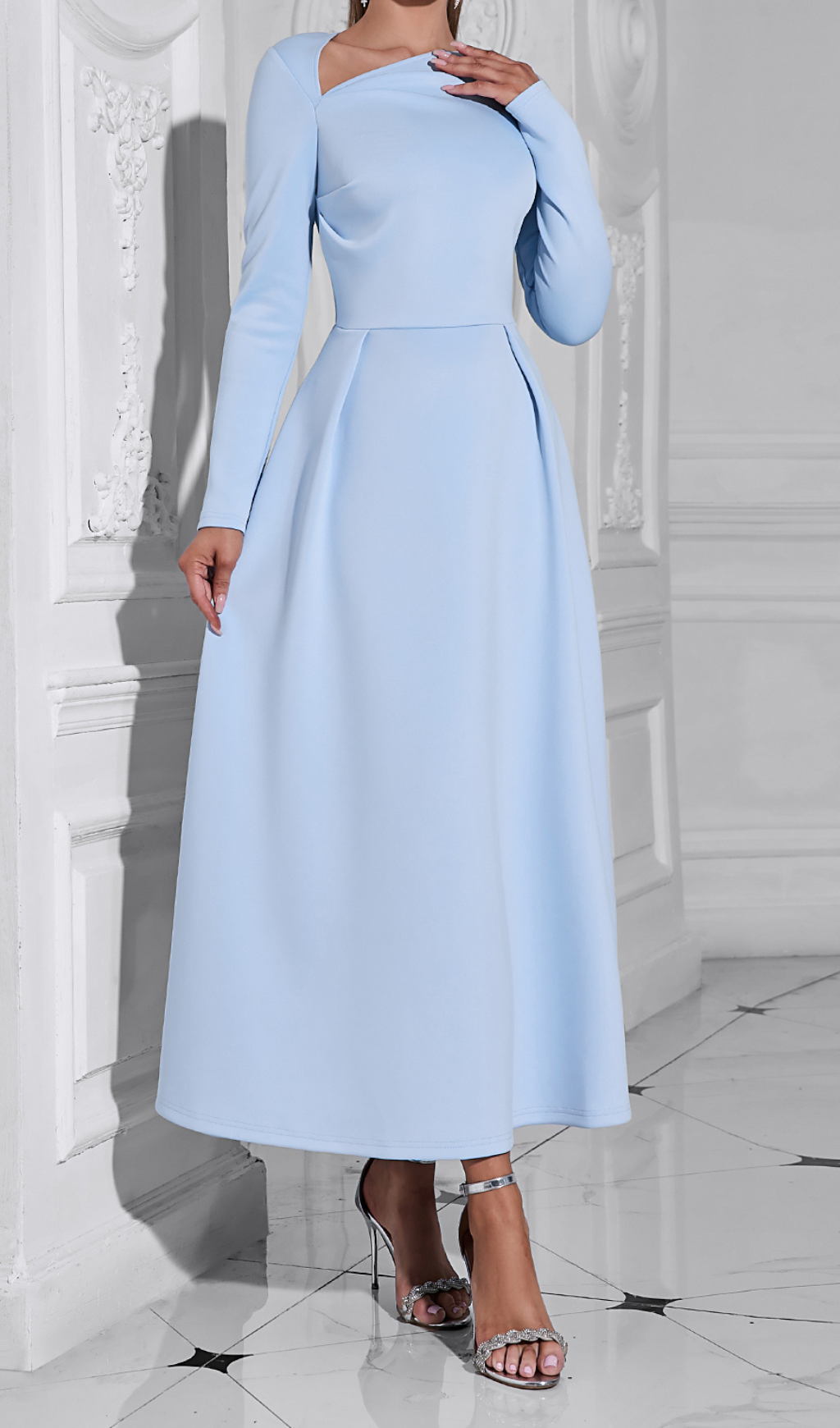 LONG SLEEVE SATIN A-LINE MAXI DRESS BLUE