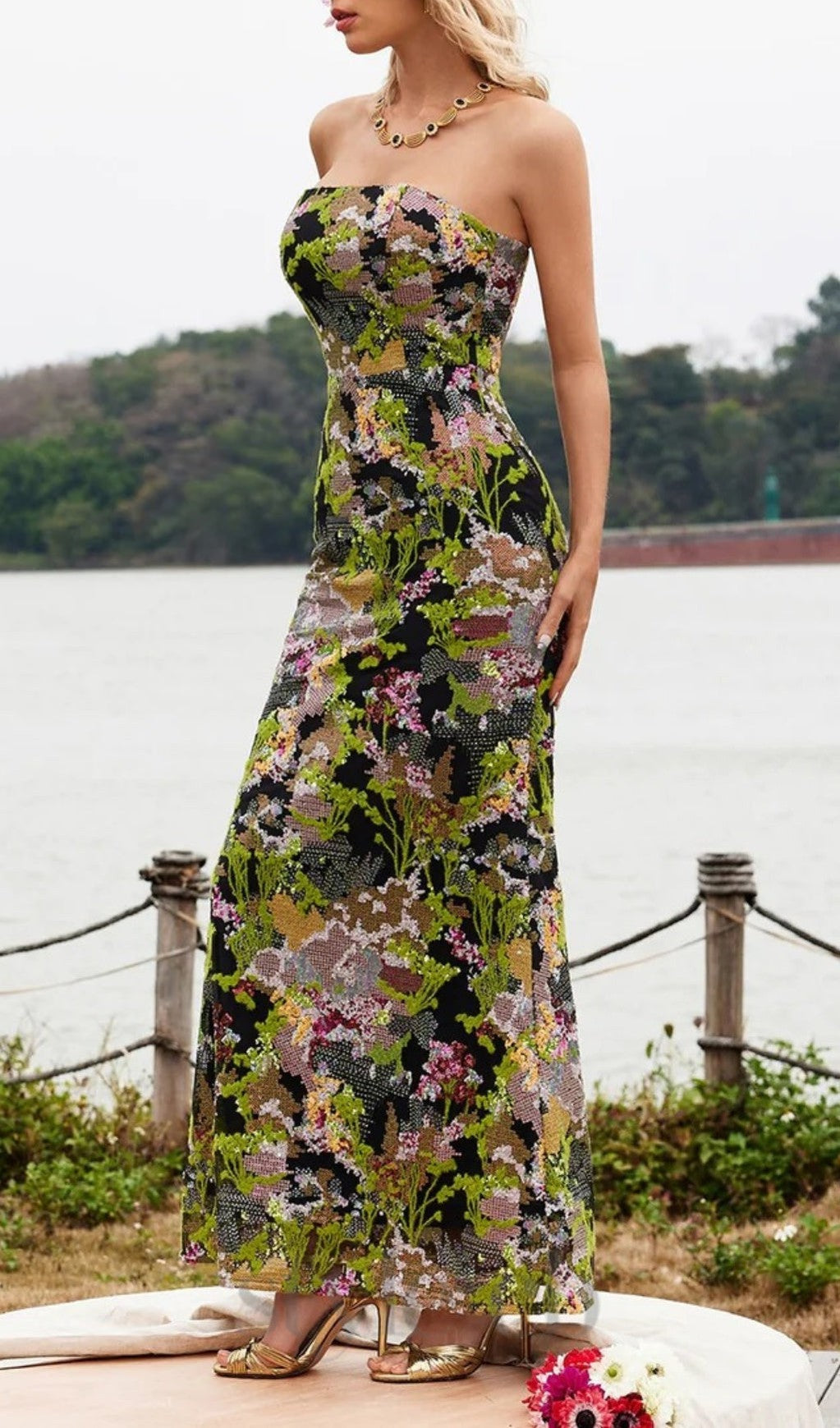 STRAPLESS FLORAL SEQUIN MAXI DRESS FOR PARTIES