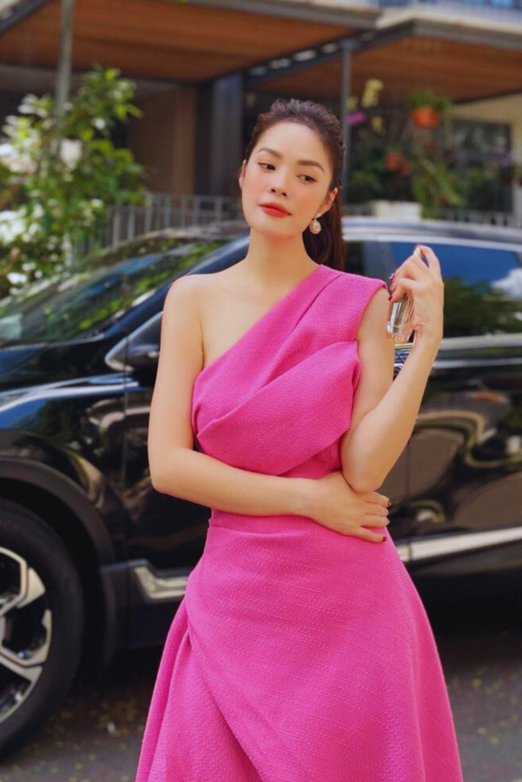 SILVIE ONE SHOULDER TWEED MIDI DRESS HOT PINK
