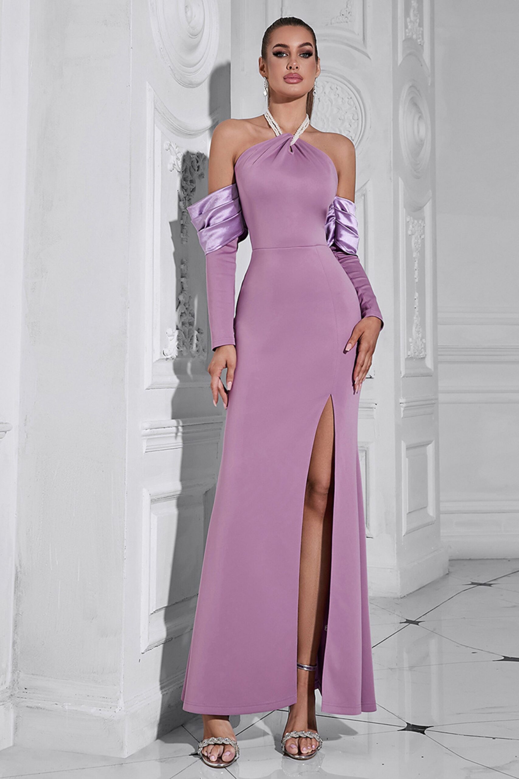 PEARL HALTER SPLIT MAXI DRESS PURPLE