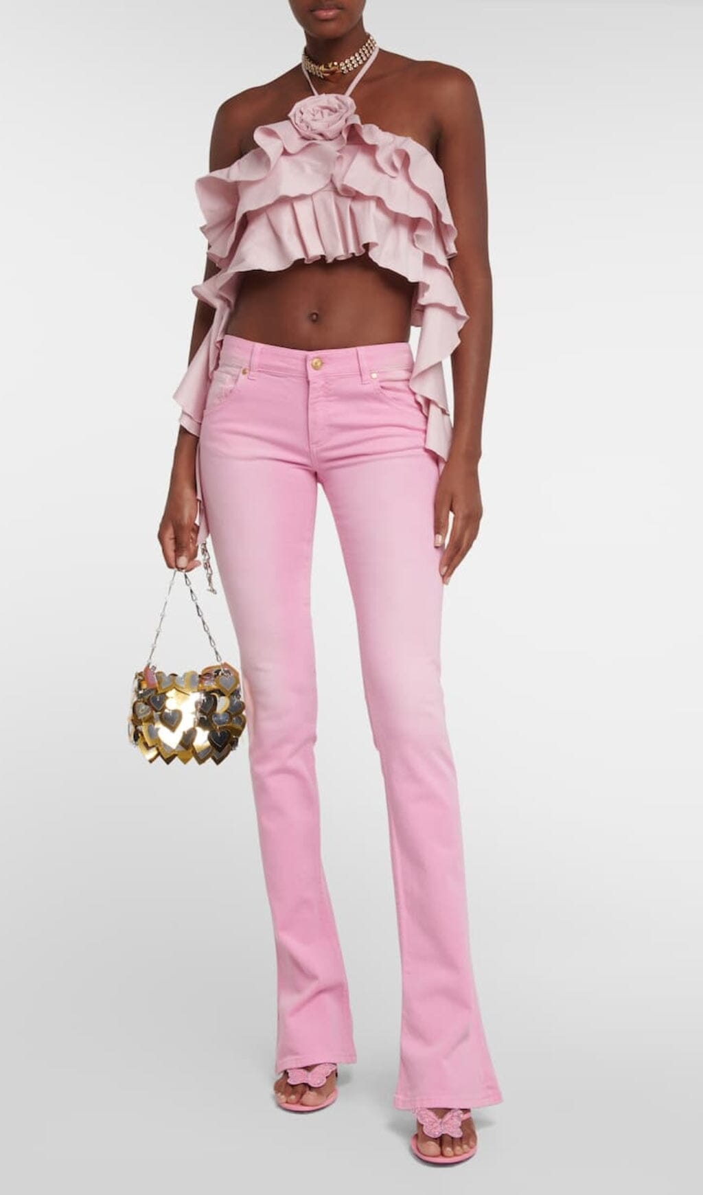 RUFFLE HALTER CROP TOP IN PINK