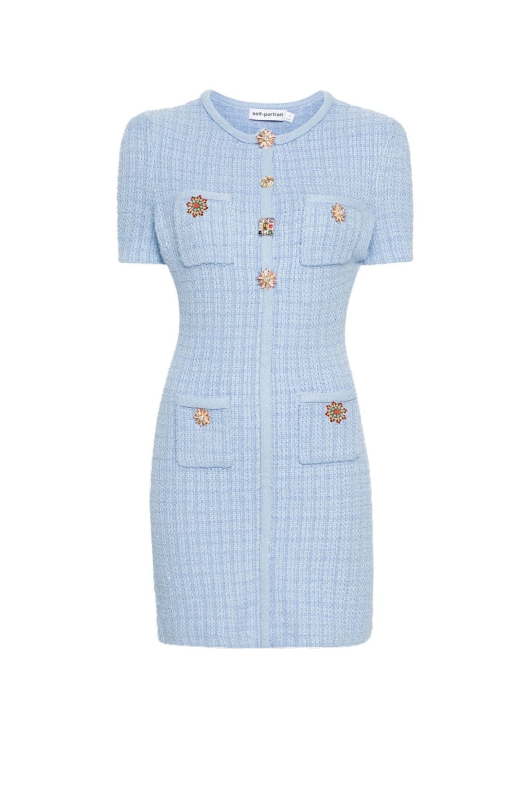 MODEST BEADED KNIT MINI DRESS, BLUE COCKTAIL