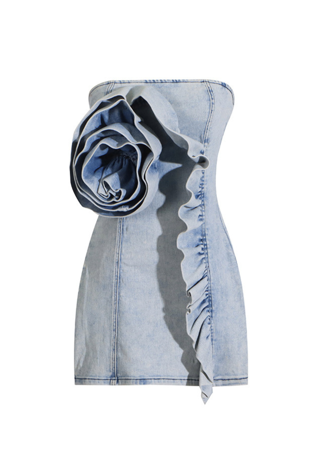 ALISON BLUE RUFFLED STRAPLESS DENIM MINI DRESS