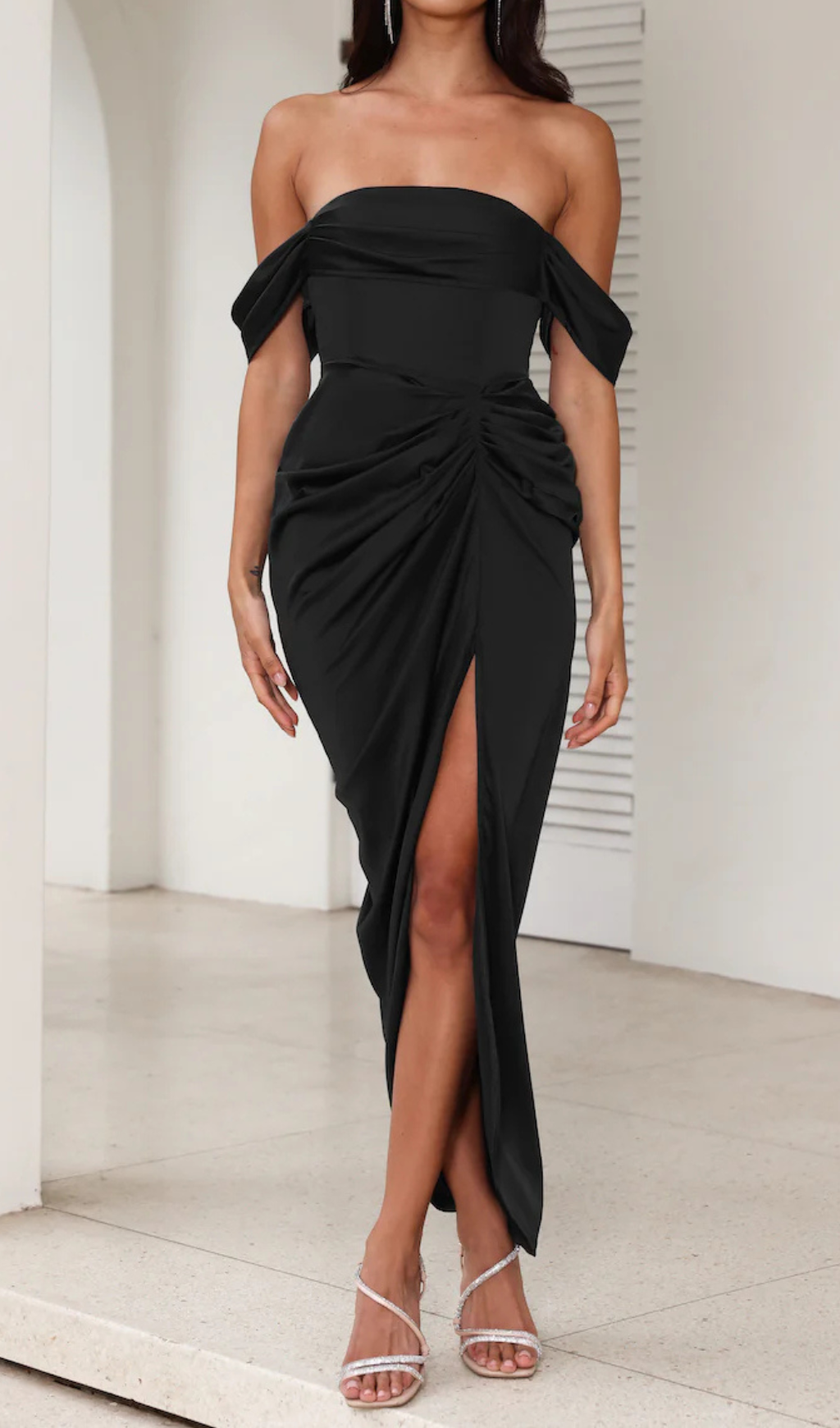 STRAPLESS SATIN MIDI DRESS, BLACK FORMAL