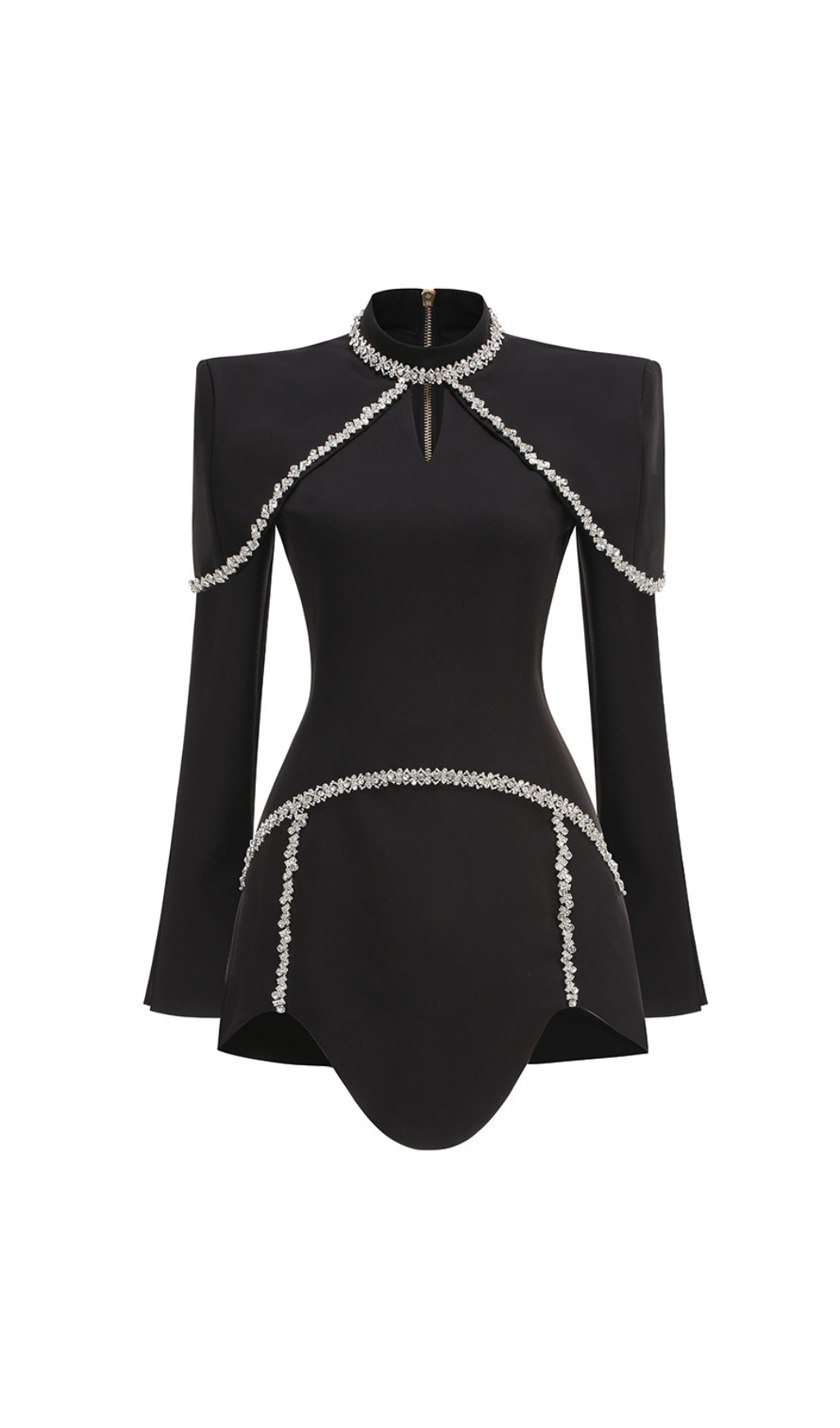 DIAMOND EMBELLISHED TRUMPET SLEEVE MINI DRESS, BLACK