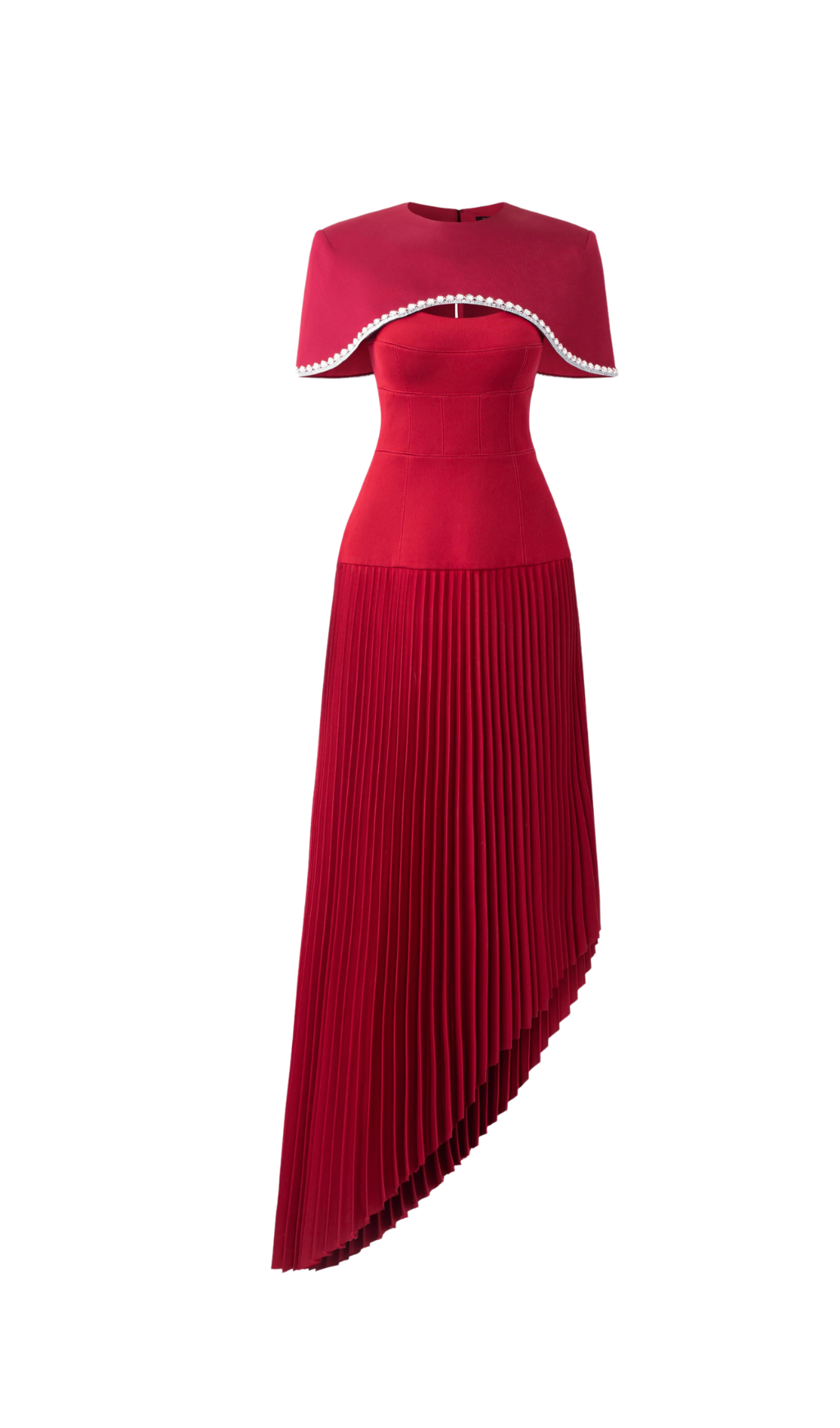 SPAGHETTI STRAP ASYMMETRIC PLEATED MIDI DRESS RED