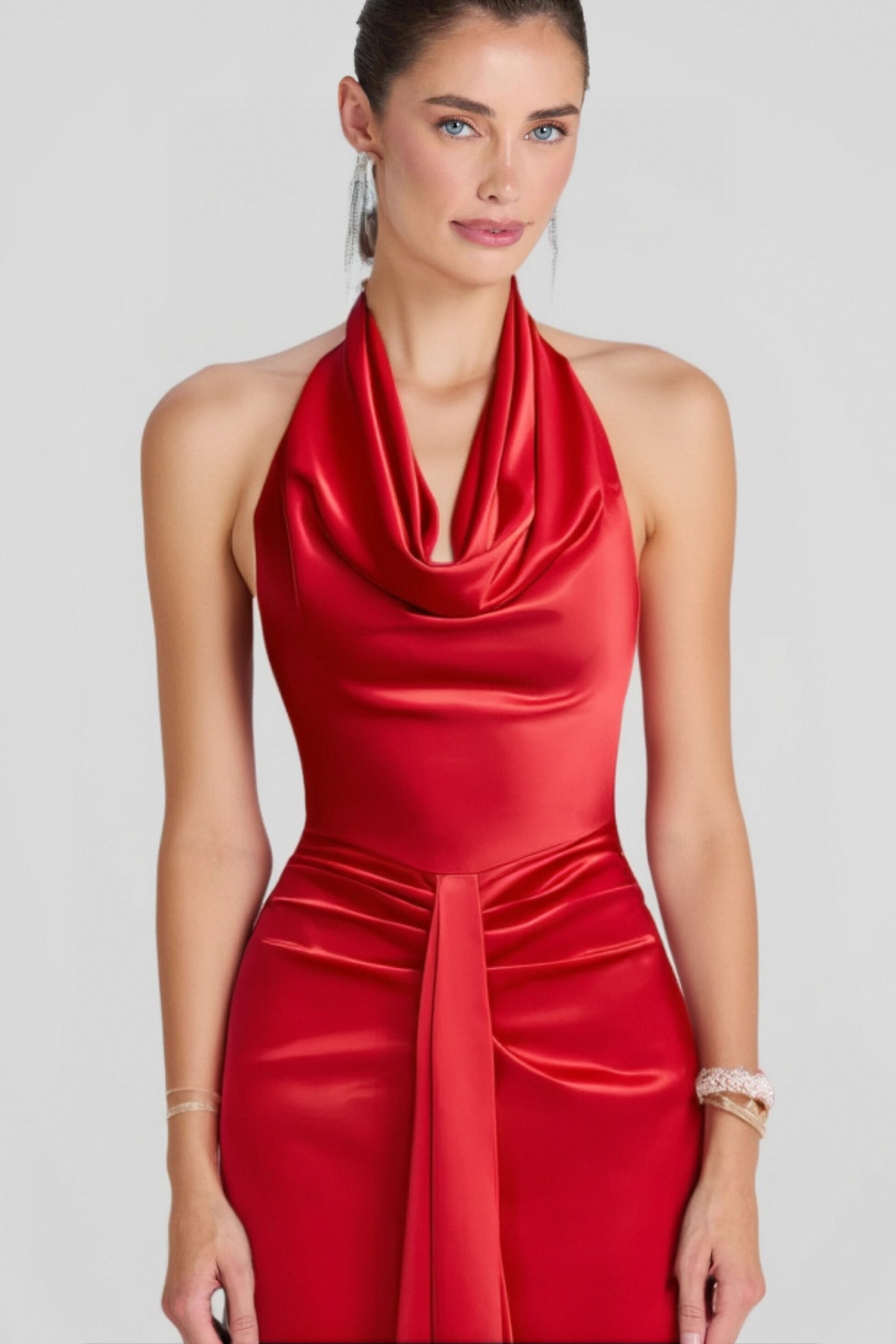 HALTER SATIN MERMAID MAXI DRESS - RED FORMAL GOWN