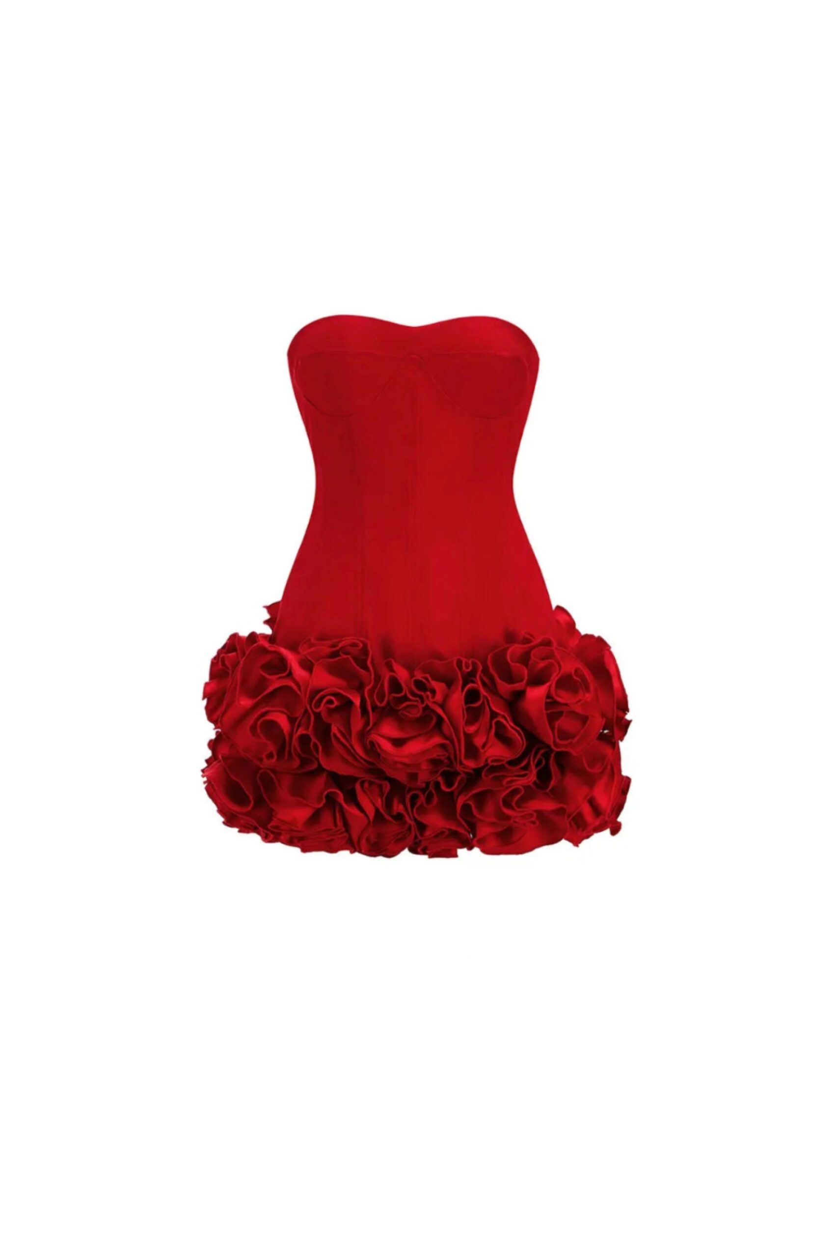 ANGELA STRAPLESS RED MINI DRESS, FLOWER TRIM PARTY