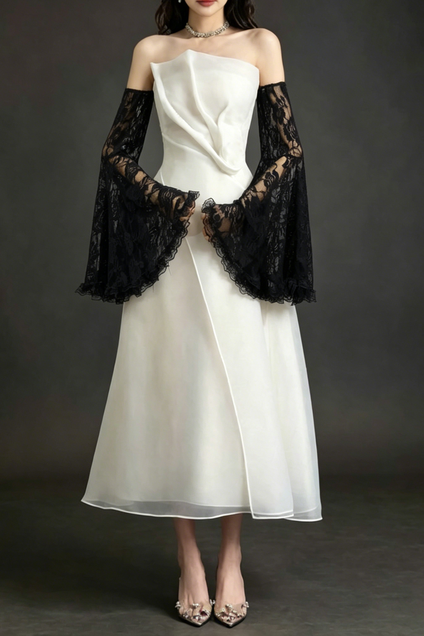 1_e7c04c5f-fa36-41c5-84bb-14c72c2489a4 STRAPLESS ORGANZA MIDI DRESS WITH BLACK SLEEVES