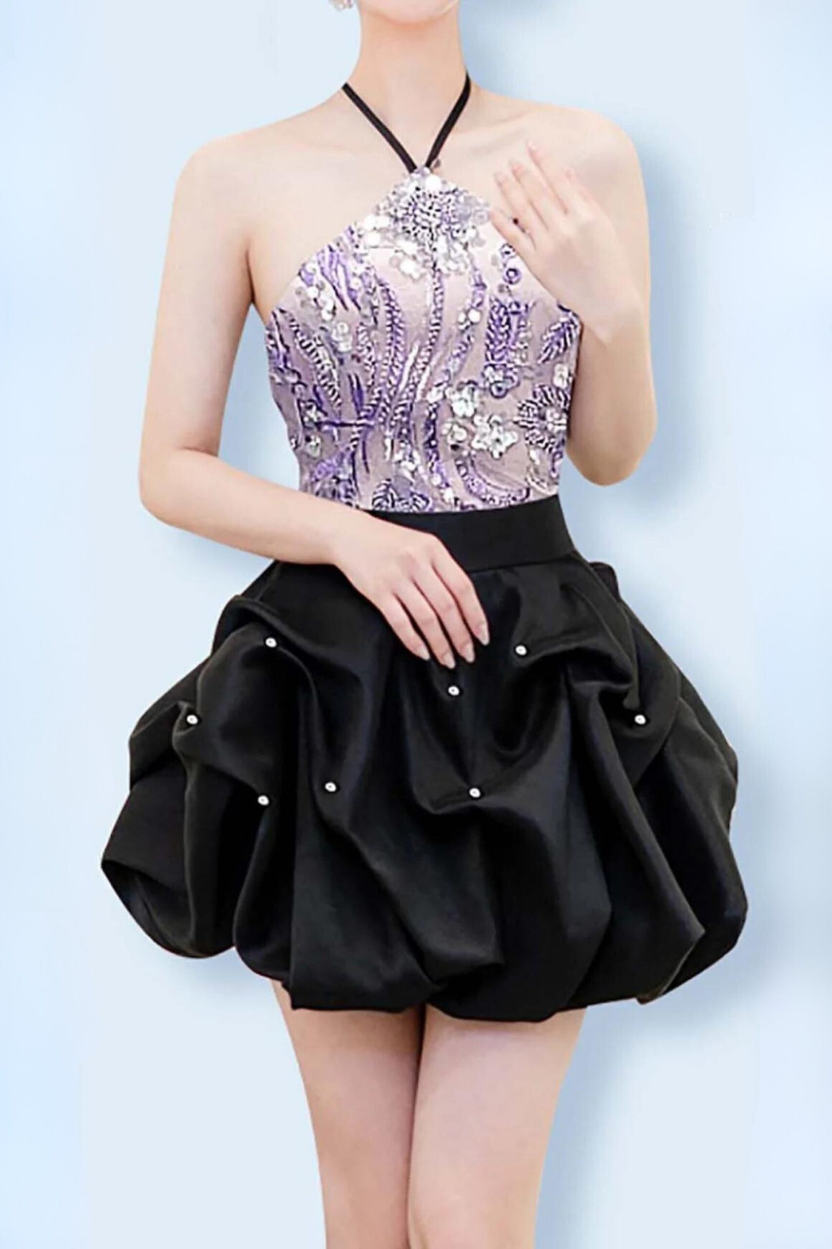 OMBRE PURPLE HANGING NECK BUD MINI DRESS