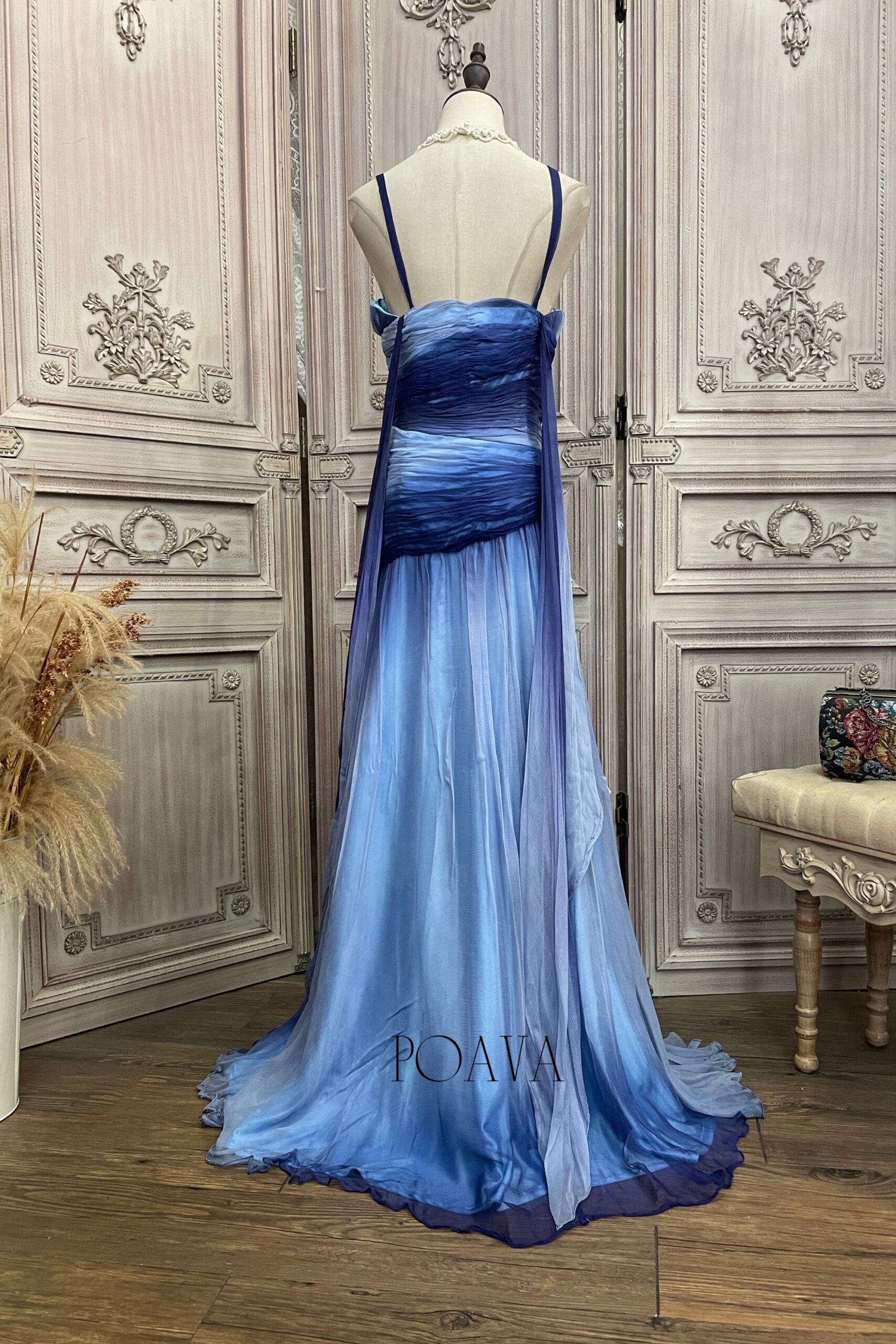 BLUE SILK MAXI DRESS FOR EVENING